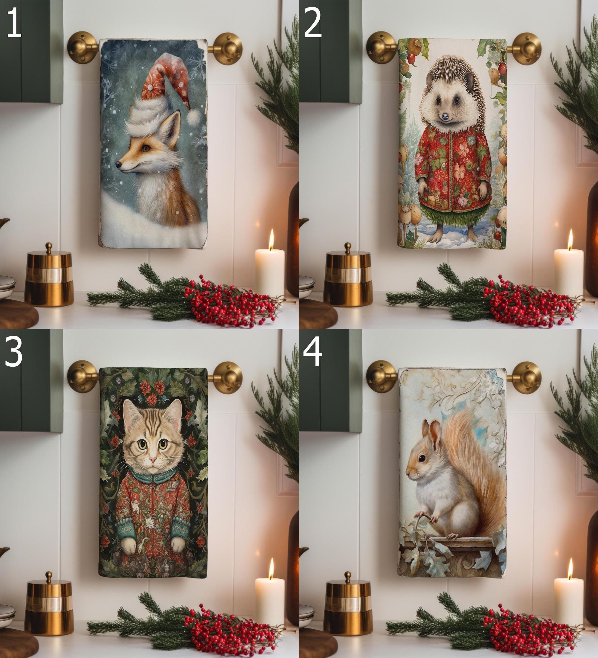 Christmas Fox Tea Towel, Xmas Cat Tea Towel, Cute Fox Dish Towels, Christmas Squirrel  Dish Towel, Xmas Hedgehog Tea Towel, Xmas Decor Towel