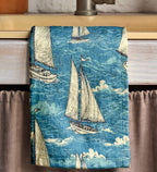 Vintage Sailboat Tea Towels, Nautical Tea Towel, Sailor Dish Towel, Maritime Print Hand Towels, Yatch Hand Towels, Ocean Hand Towel