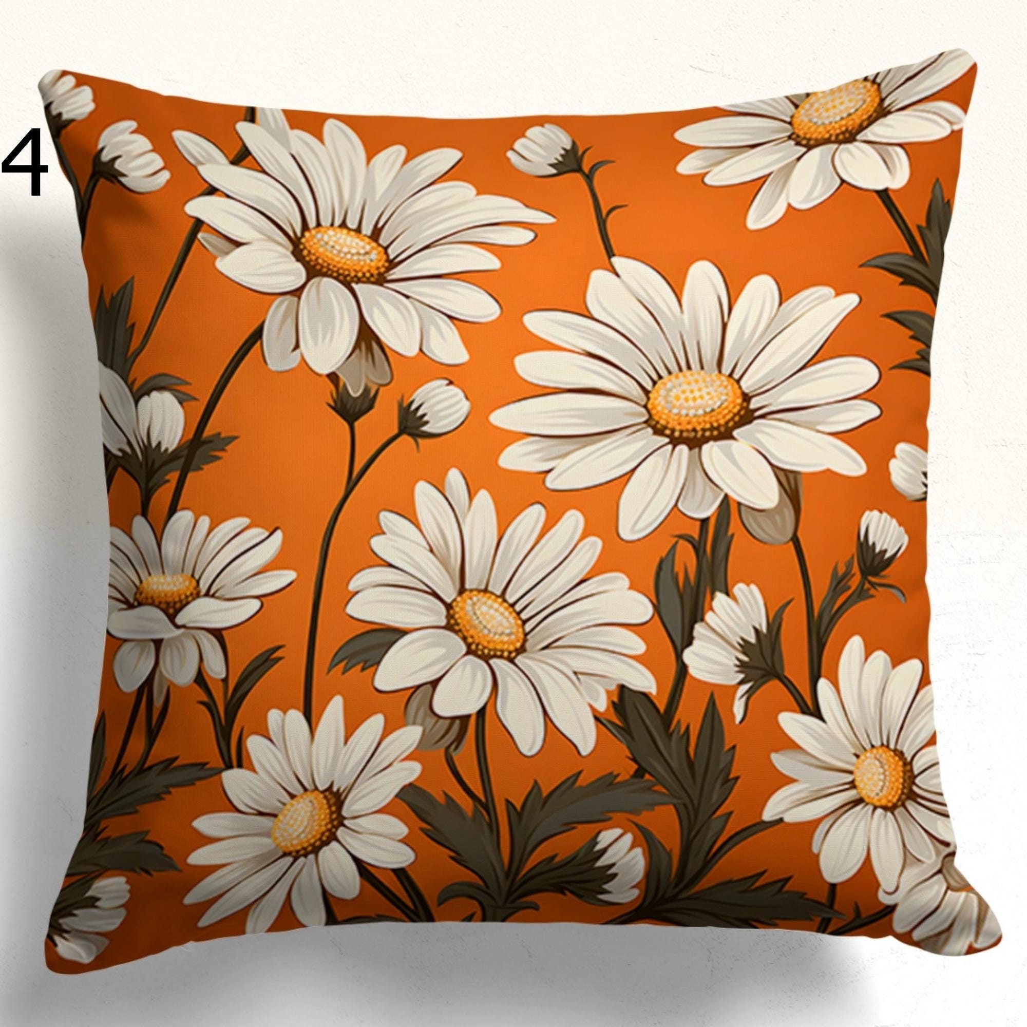 Orange and White Floral Pillow Cases, Daisy Flowers Pillow Covers, Vibrant Daisy Cushion Covers, Daisy Bunch Pillow Cover