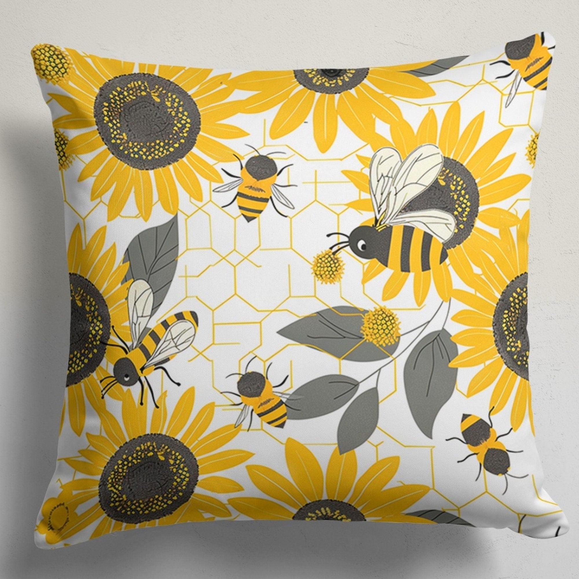 Sunflowers and Bee Pillow Cover, Bee Throw Pillow Cover, Summer Decor Pillow Cover, Sunflower Pillow Case, Sunflower Accent Cushion Cover