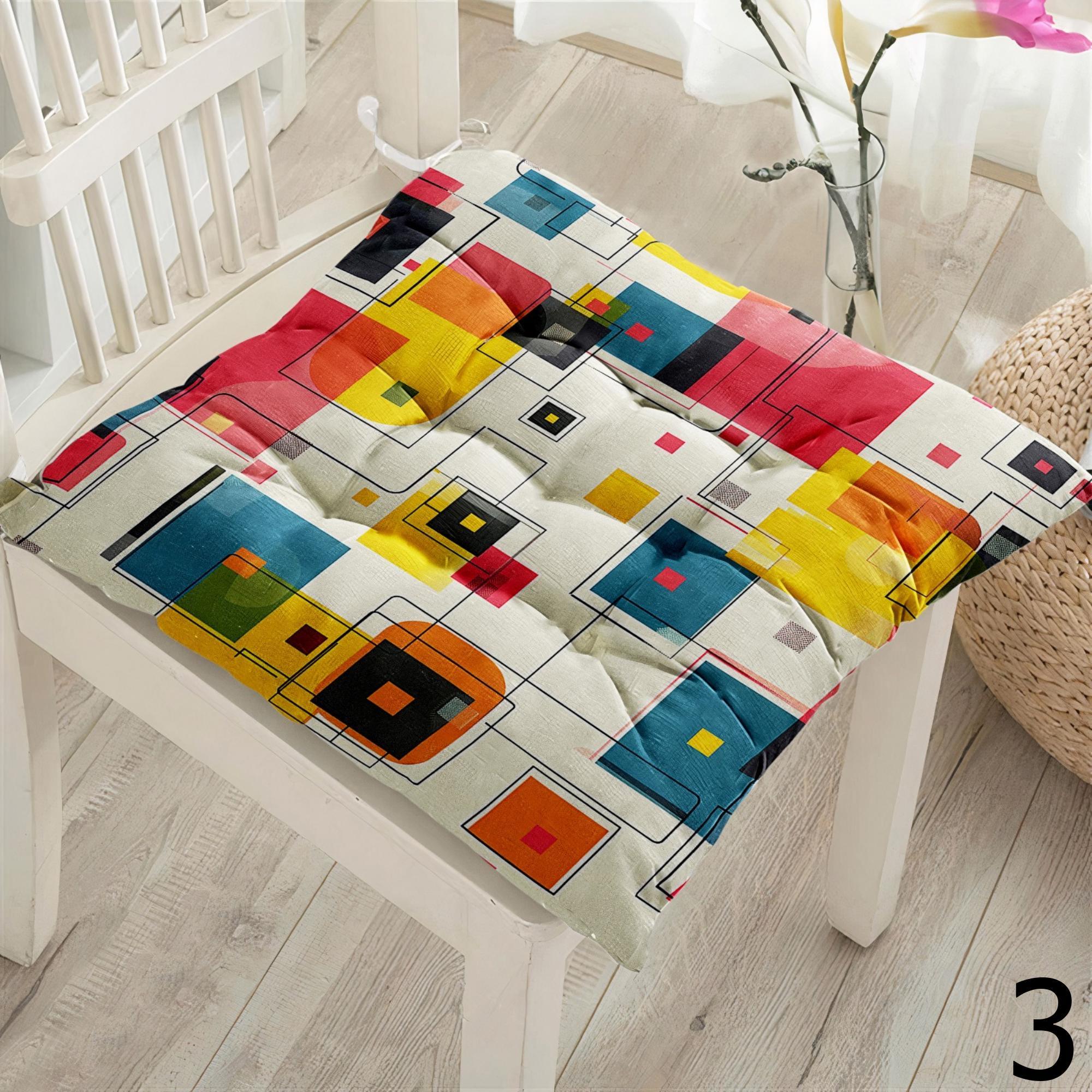 Retro Square Chair Pad, Mid Century Modern Chair Cushion with Ties, 70s Style Patio Chair Cushions, Colorful Retro Abstract Chair Pads