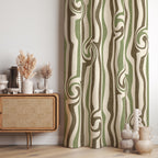 Wavy Retro Curtain Panel, Olive Green Boho Drapes, Modern Abstract Window Panels, Earthy Mid Century Style Curtain