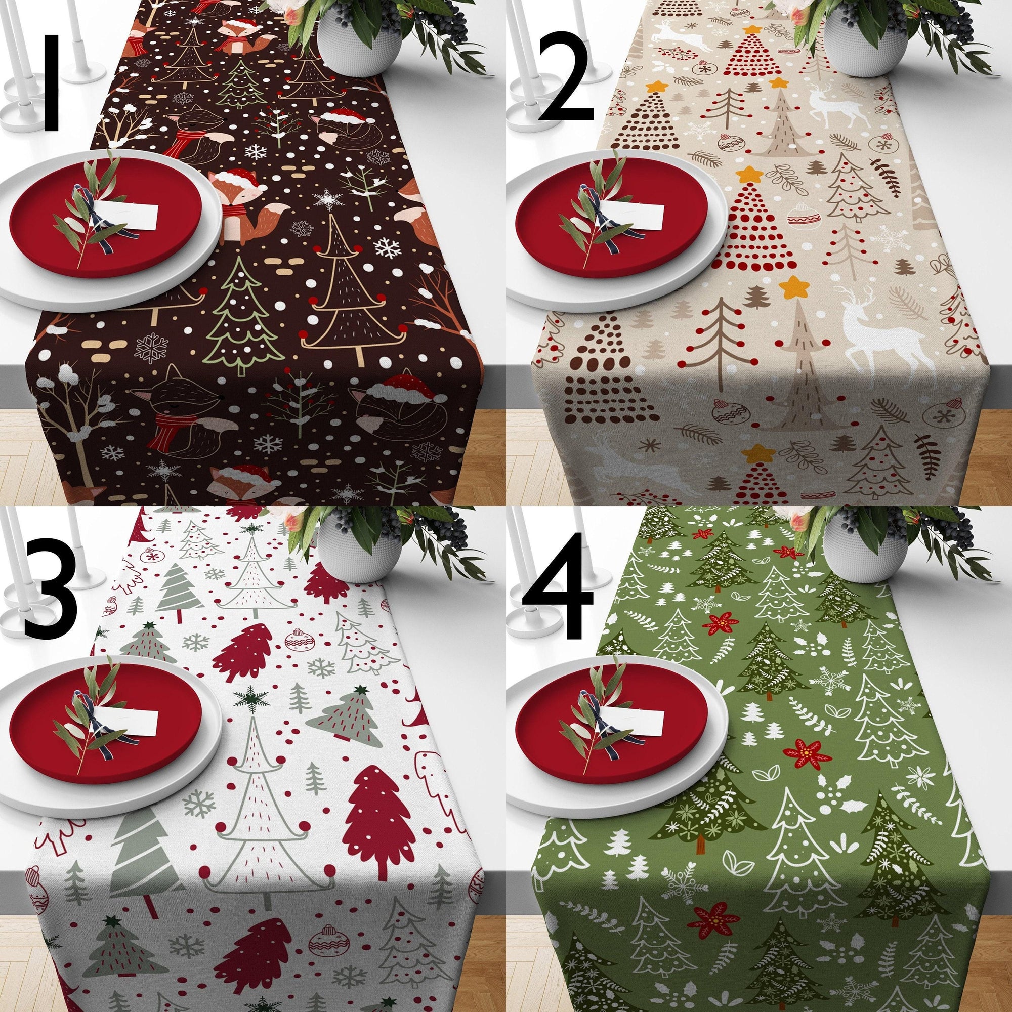 Christmas Table Runner, Holly Pine Tree Table Runner, Xmas Pine Tree Table Runner, Christmas Party Table Runner, Christmas Gift