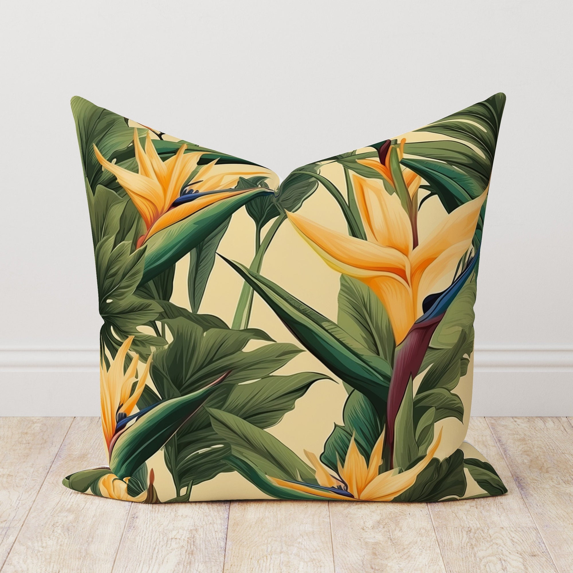 Exotic Flowers Pillowcase, Tropical Green Leaves Pillow Cover, Botanical Cushion Cover, Bird of Paradise Tropic Flowers Throw Pillow Cover