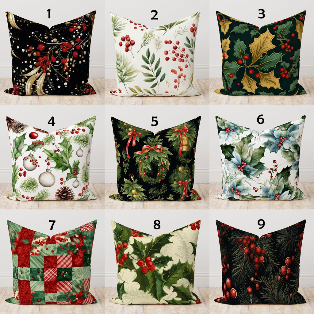 Holly Red Berry Flowers Pillow Cover, Christmas Pine Berry Cushion Cover, Floral Red Berries and Leaves Pillow Cover, Christmas Berry Pillow