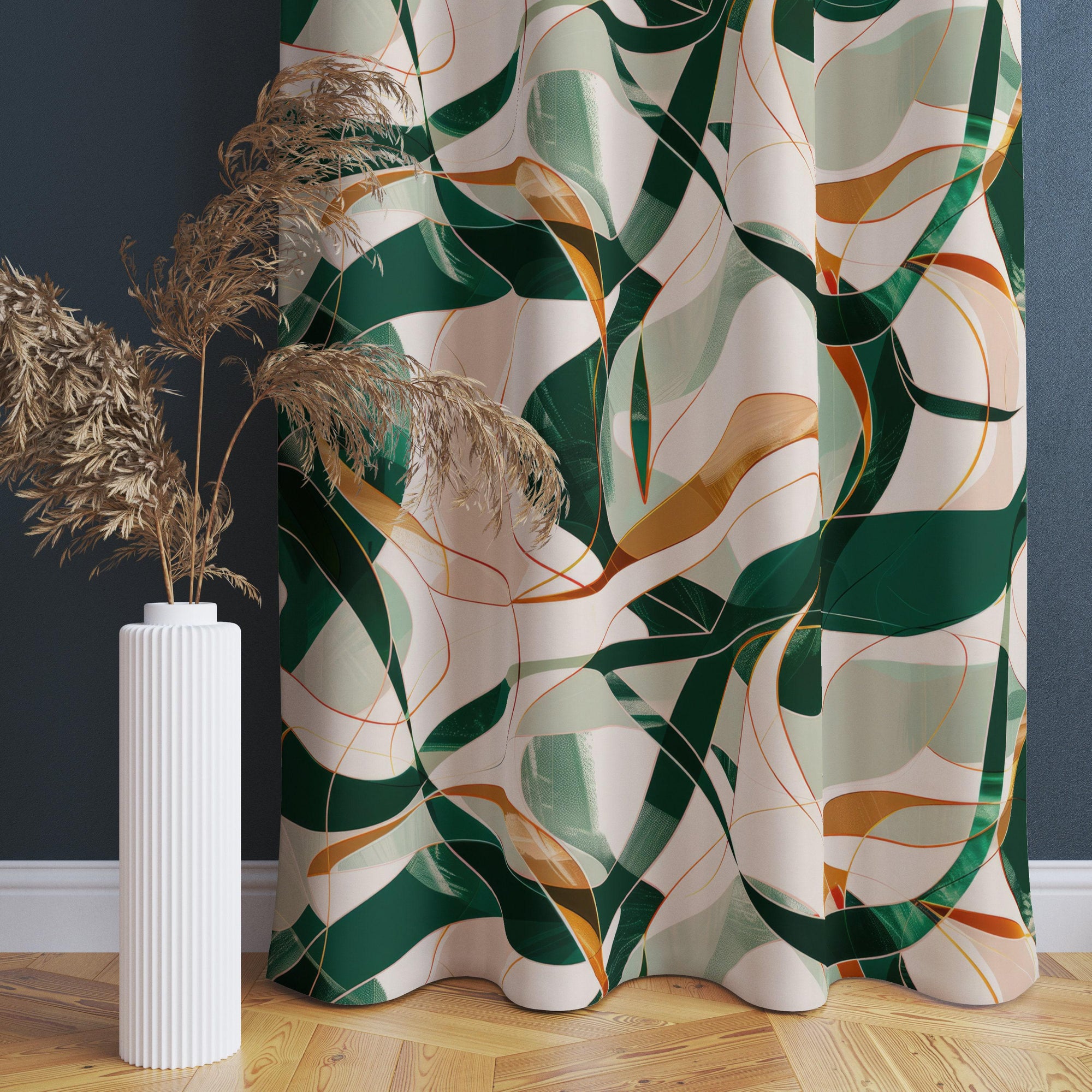 Abstract Curtain Panels, Green Orange Modern Abstract Print Curtains, Emerald Lines Abstract Style Living Room Drapes