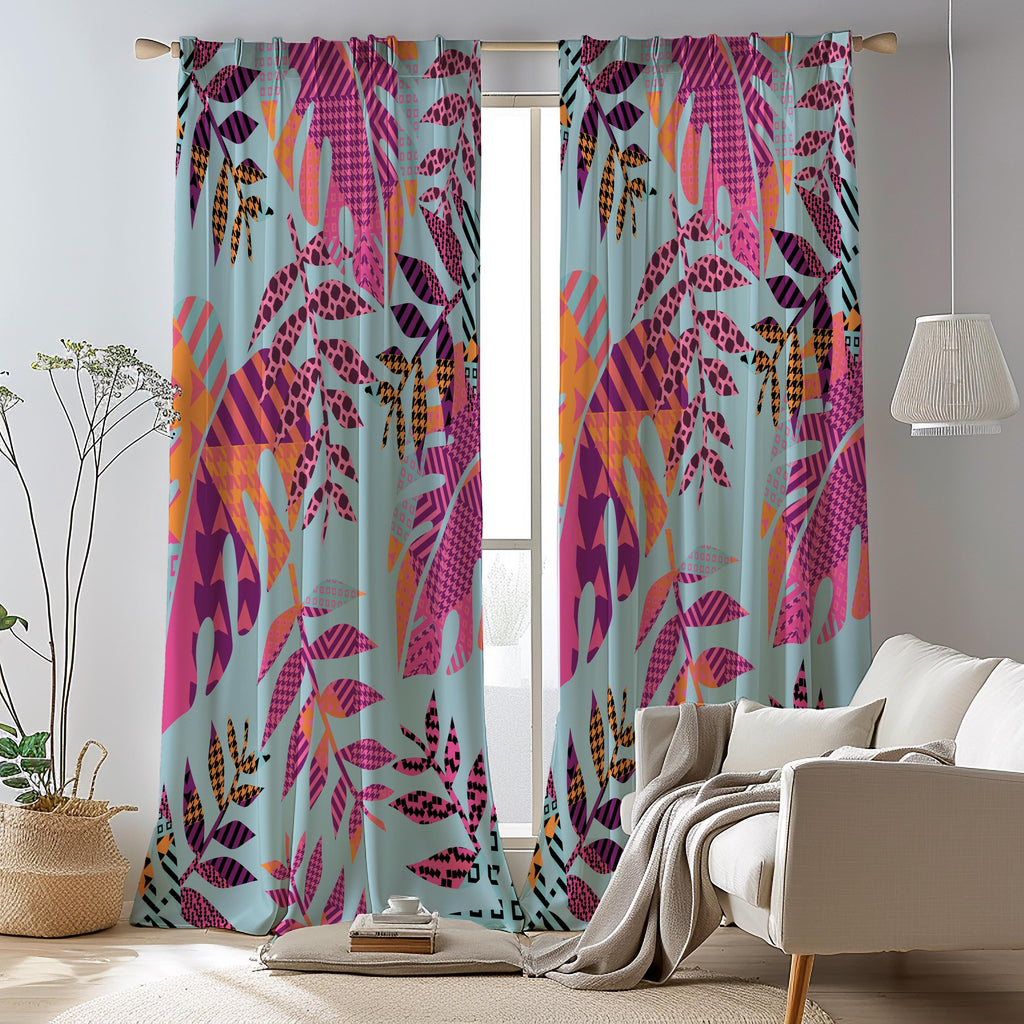 Colorful Tropical Leaf Curtains, Exotic Pink Leaves Window Curtains, Tropical Abstract Drapes, Palm Leaves Panels, Botanical Leaf Curtains