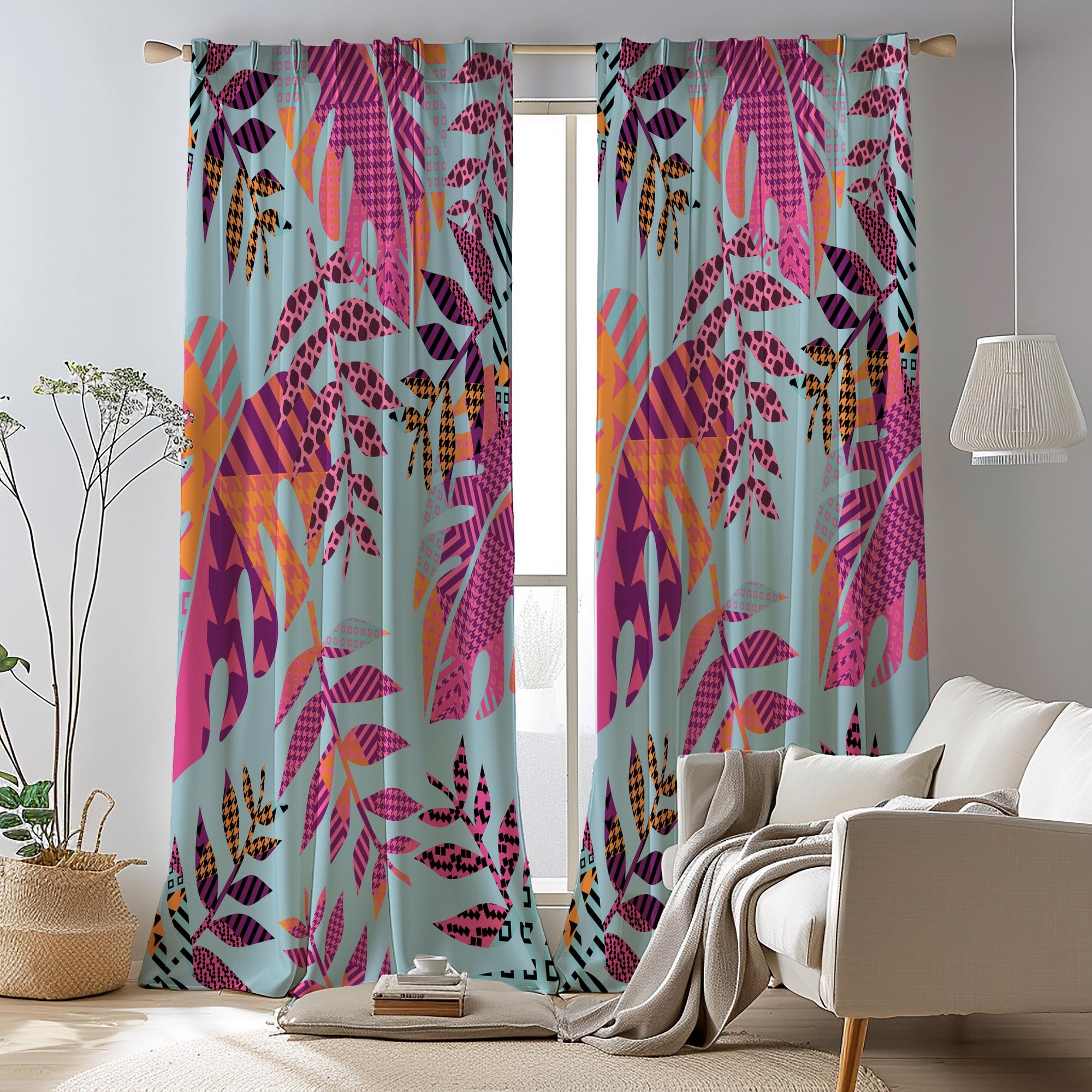 Colorful Tropical Leaf Curtains, Exotic Pink Leaves Window Curtains, Tropical Abstract Drapes, Palm Leaves Panels, Botanical Leaf Curtains