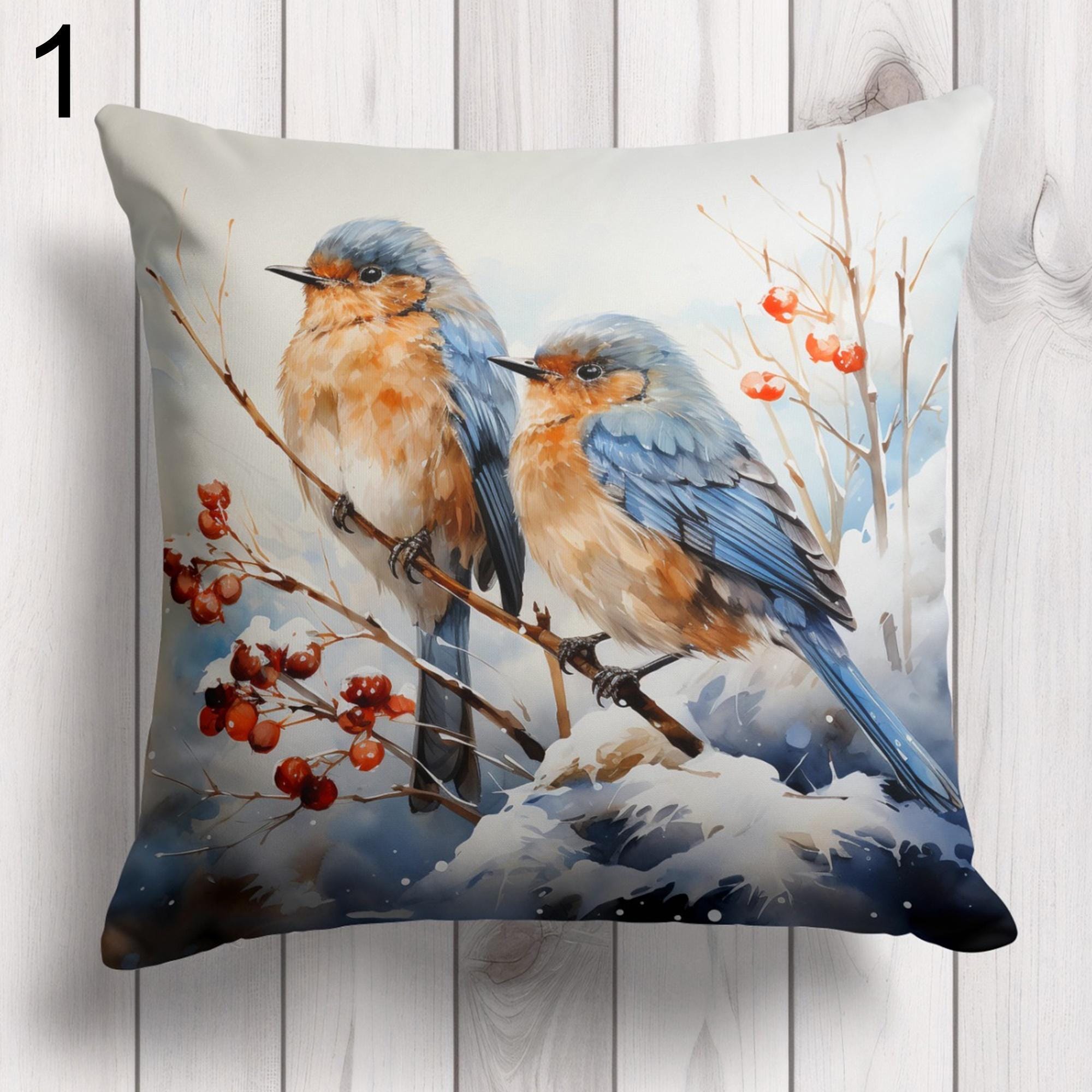 Christmas Birds Pillowcase, Winter Birds Cushion Cover, Winter Decor Cushions, Christmas Birds Pillow Covers, Christmas Flowers Pillowcase