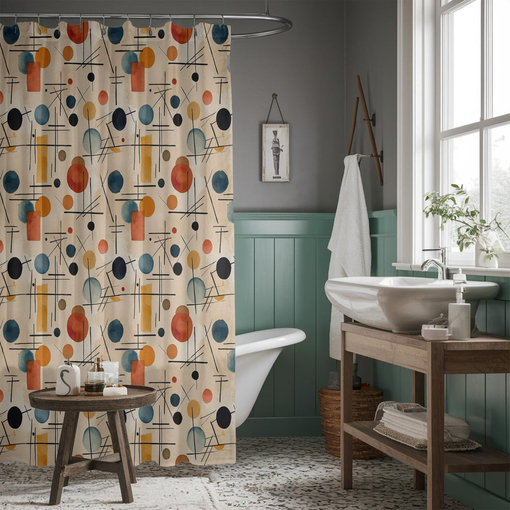 Mid Century Modern Shower Curtains, 70s Printed Shower Curtain, 80s Bath Waterproof Drapes, Retro Bathroom Shower Curtains