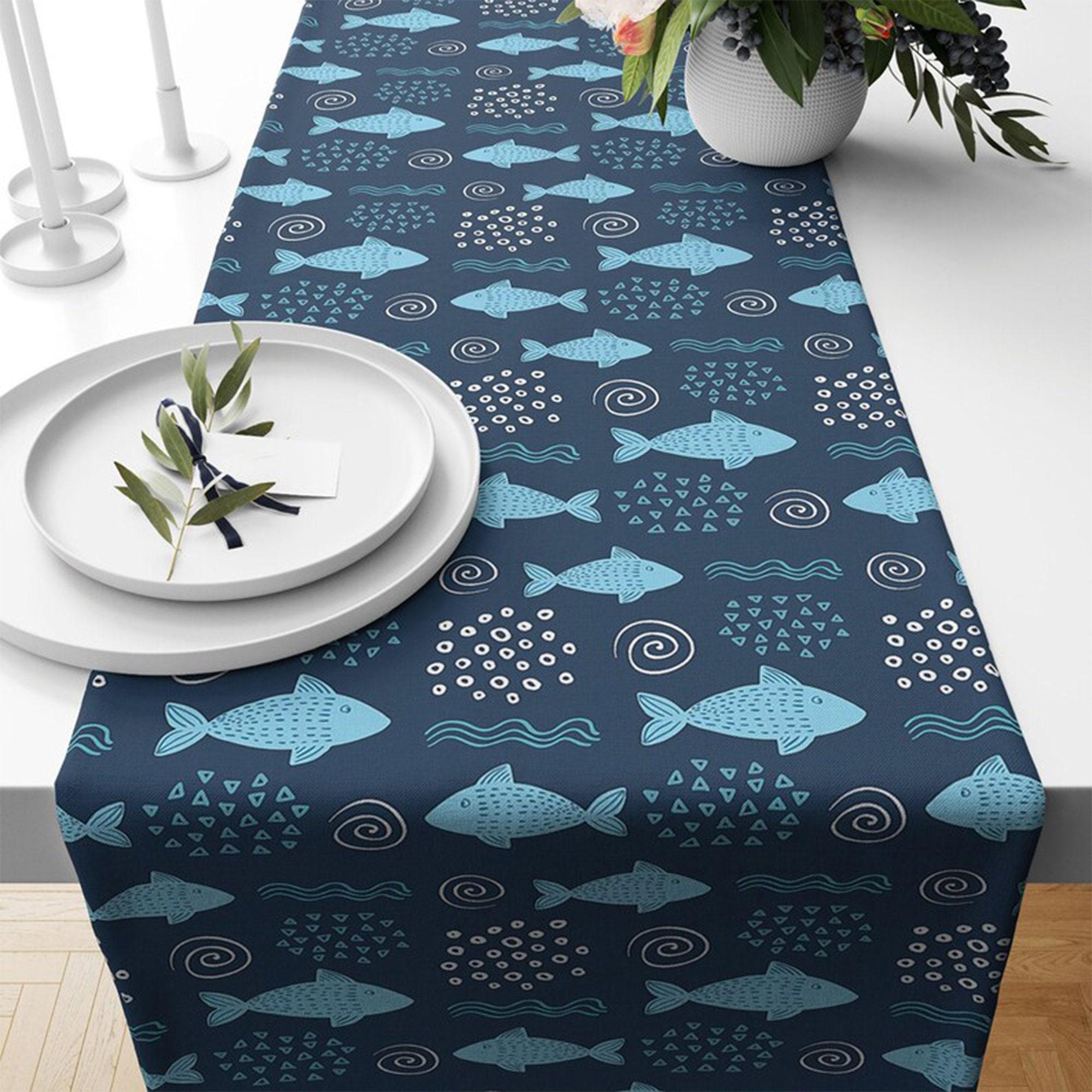 Nautical Table Runner, Sea Life Table Runner, Fish Table Runner, Blue and Mint Coral Table Runner, Anchor Table Runner, Marine Table Runner