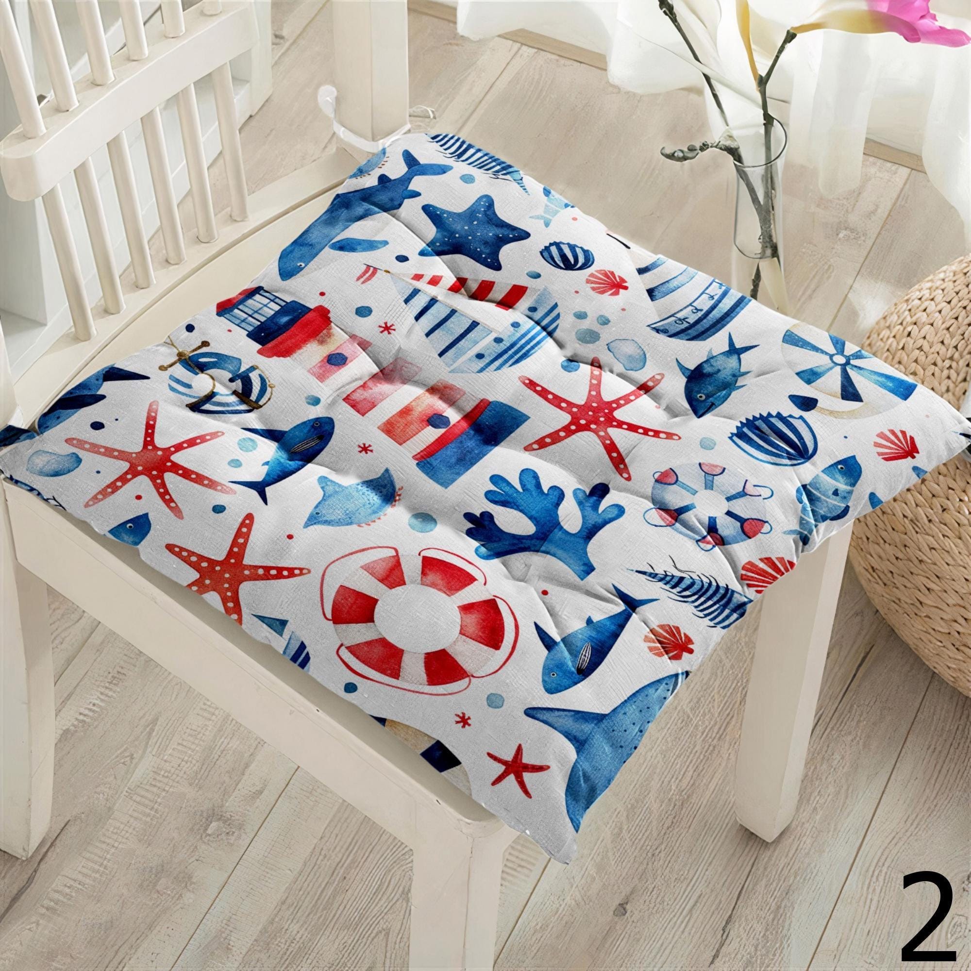 Coastal Sea Life Chair Pads, Nautical Ocean Seat Cushions, Starfish Coral Design Summer Patio Cushions, Beach Home Chair Cushions