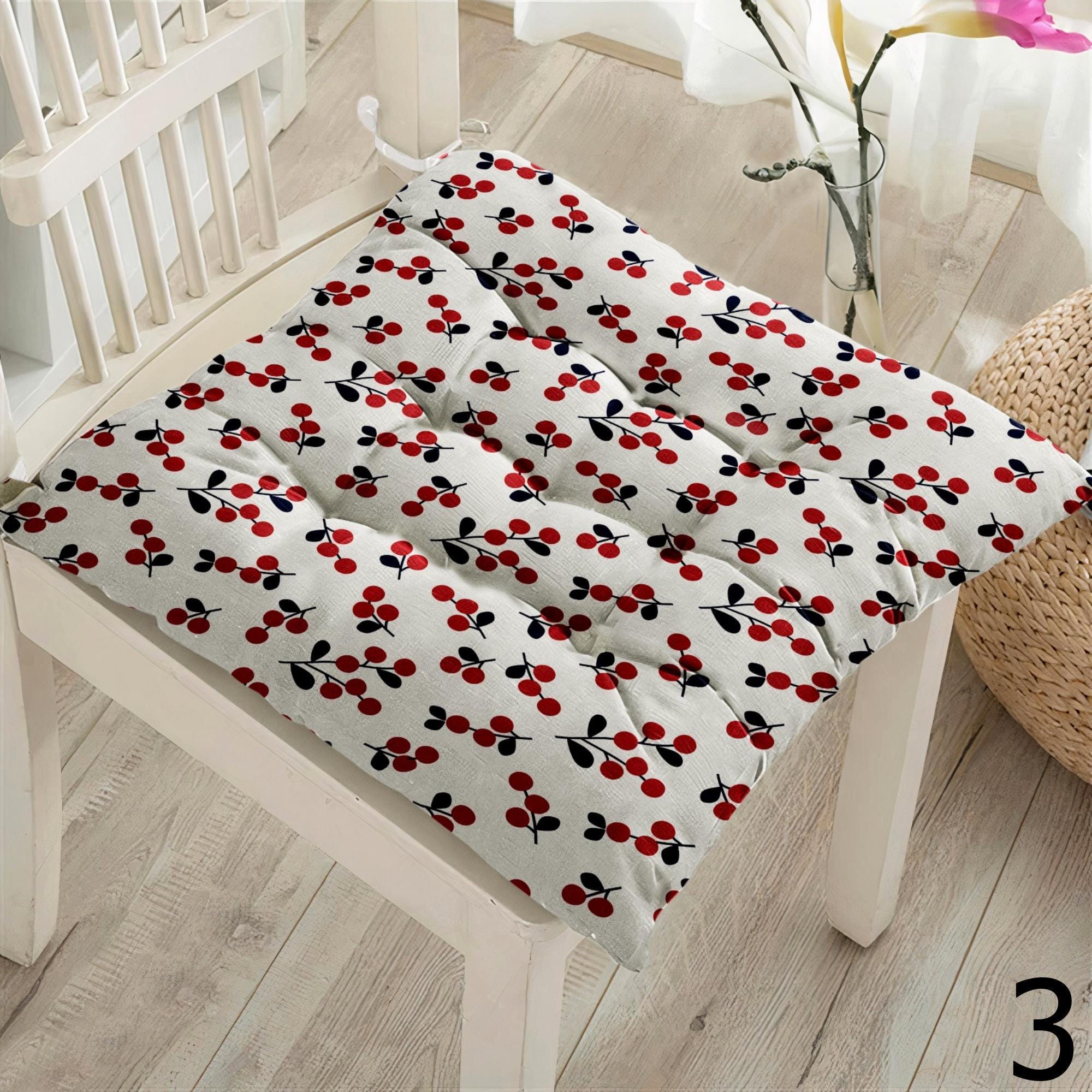 Fruit Print Chair Pads, Berry Pattern Seat Cushions, Summer Farmhouse Chair Pillow Covers, Cherry & Strawberry Fresh Chair Cushions