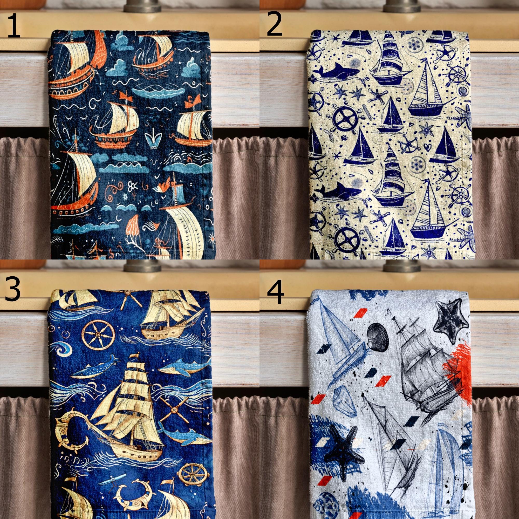 Vintage Sailboat Tea Towels, Nautical Tea Towels, Sailor Dish Towel, Maritime Print Hand Towels, Coastal Fingertip Towels, Ocean Hand Towels