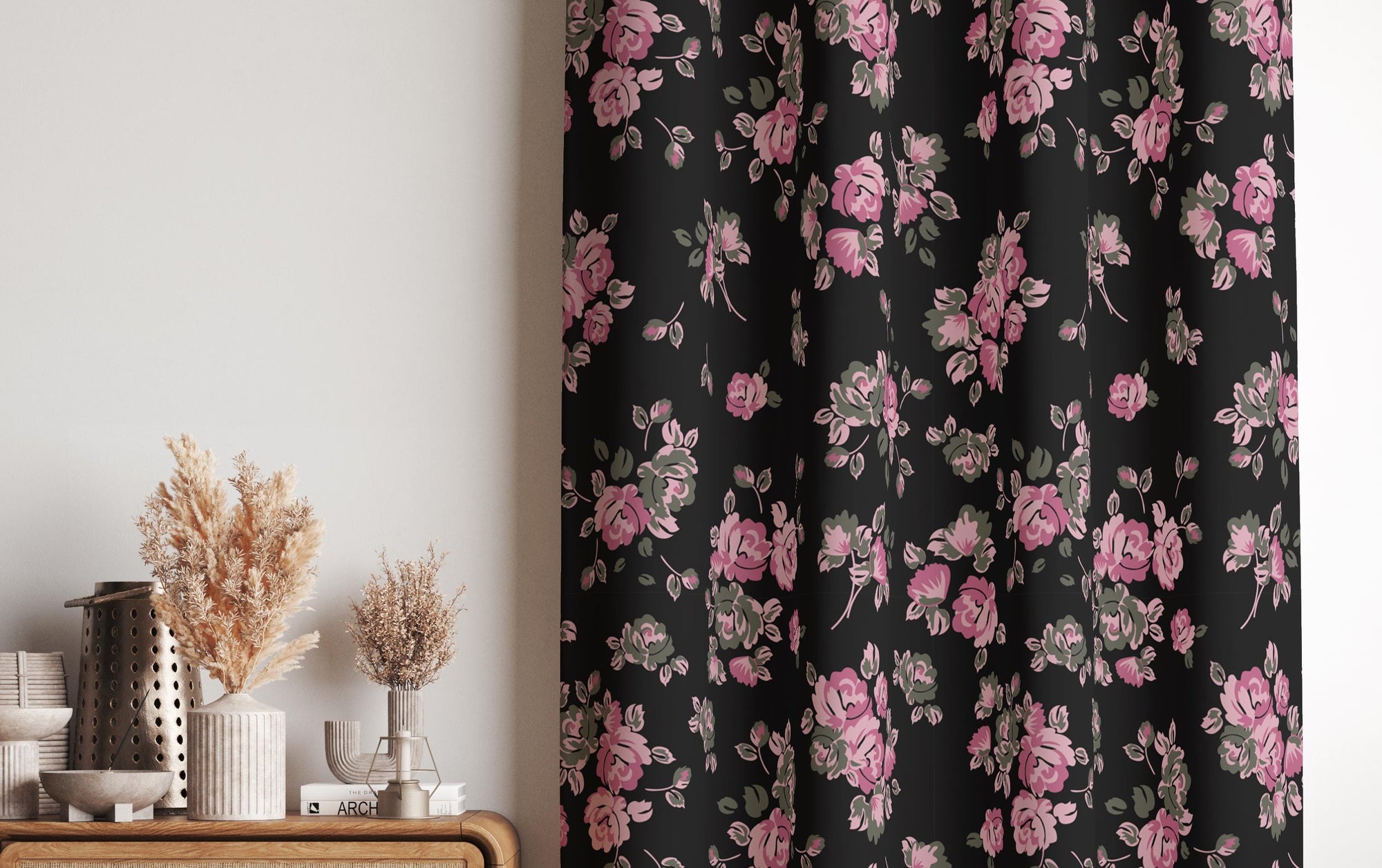 Floral Curtain Panels, Farmhouse Floral Window Curtain, Black Pink Floral Curtain, Floral Grommet Curtain, Pink Roses Floral Print Drapes