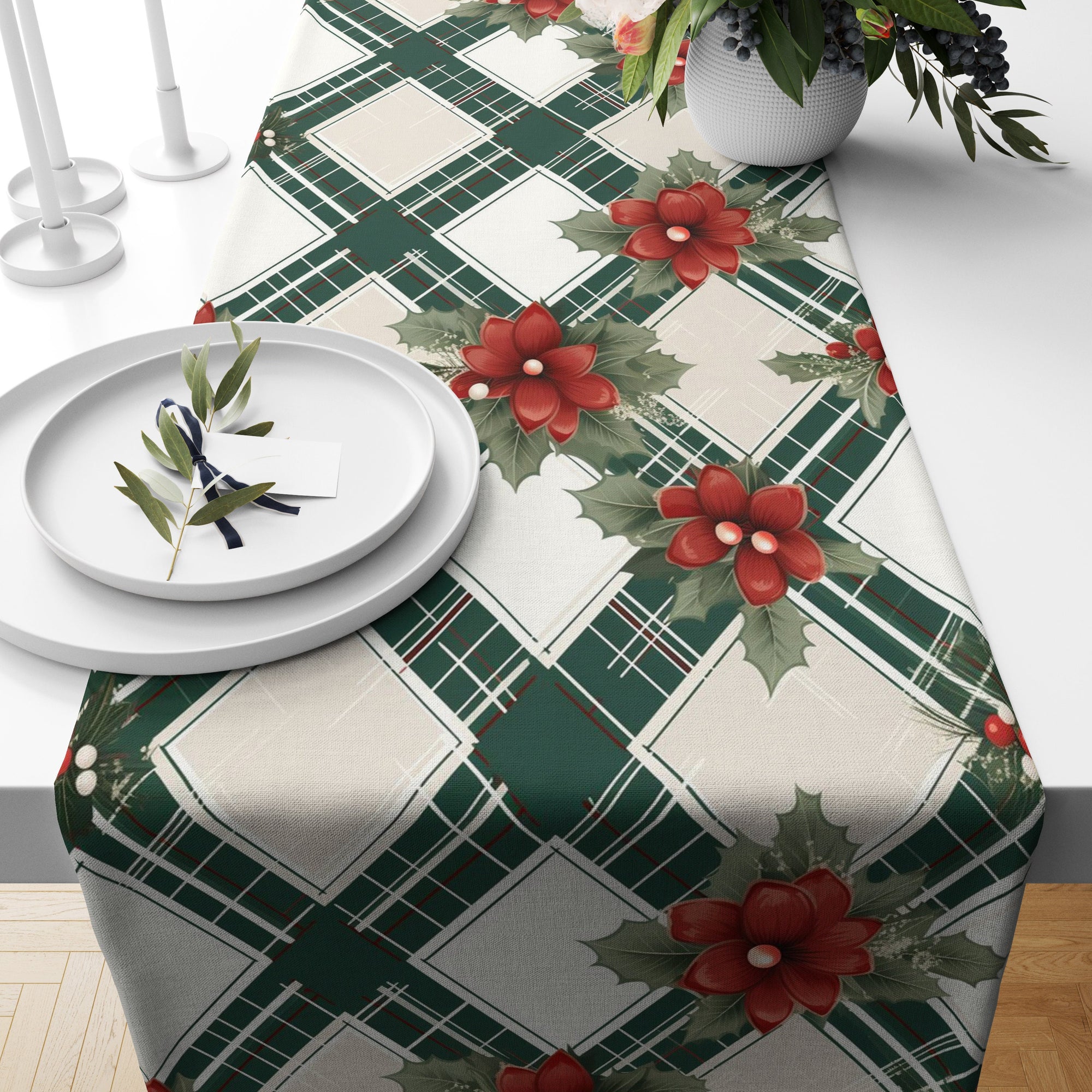 Christmas Berry Table Runner, Holly Pine  Berry Table Runner, Xmas  Berry Table Runner, Christmas Party Berry Table Runner