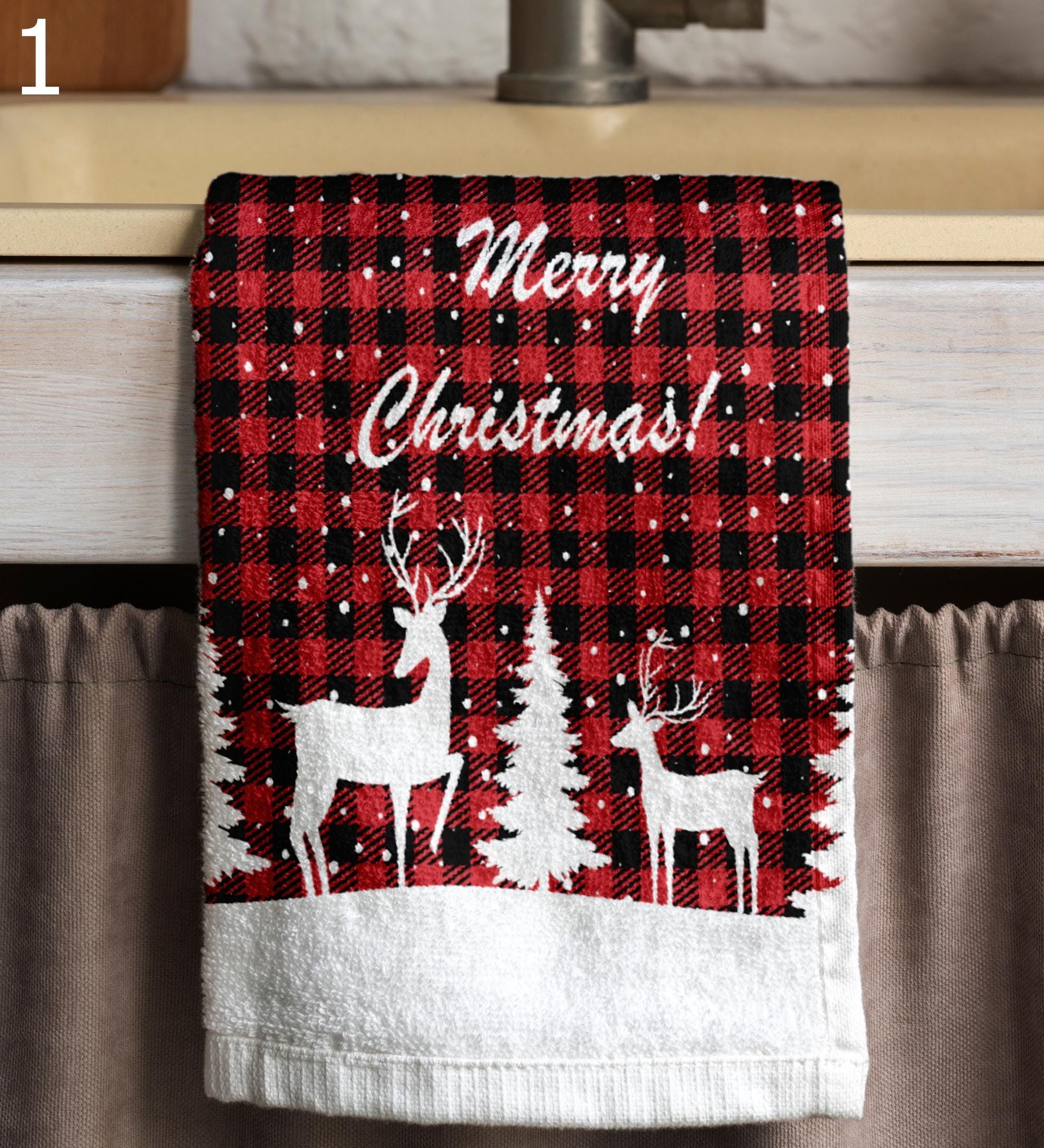 Christmas Plaid Towels, Xmas Winter Tea Towel, Buffalo Plaid Print Hand Towels, Christmas Tree Tea Towels, Red Xmas Plaid Kitchen Towels