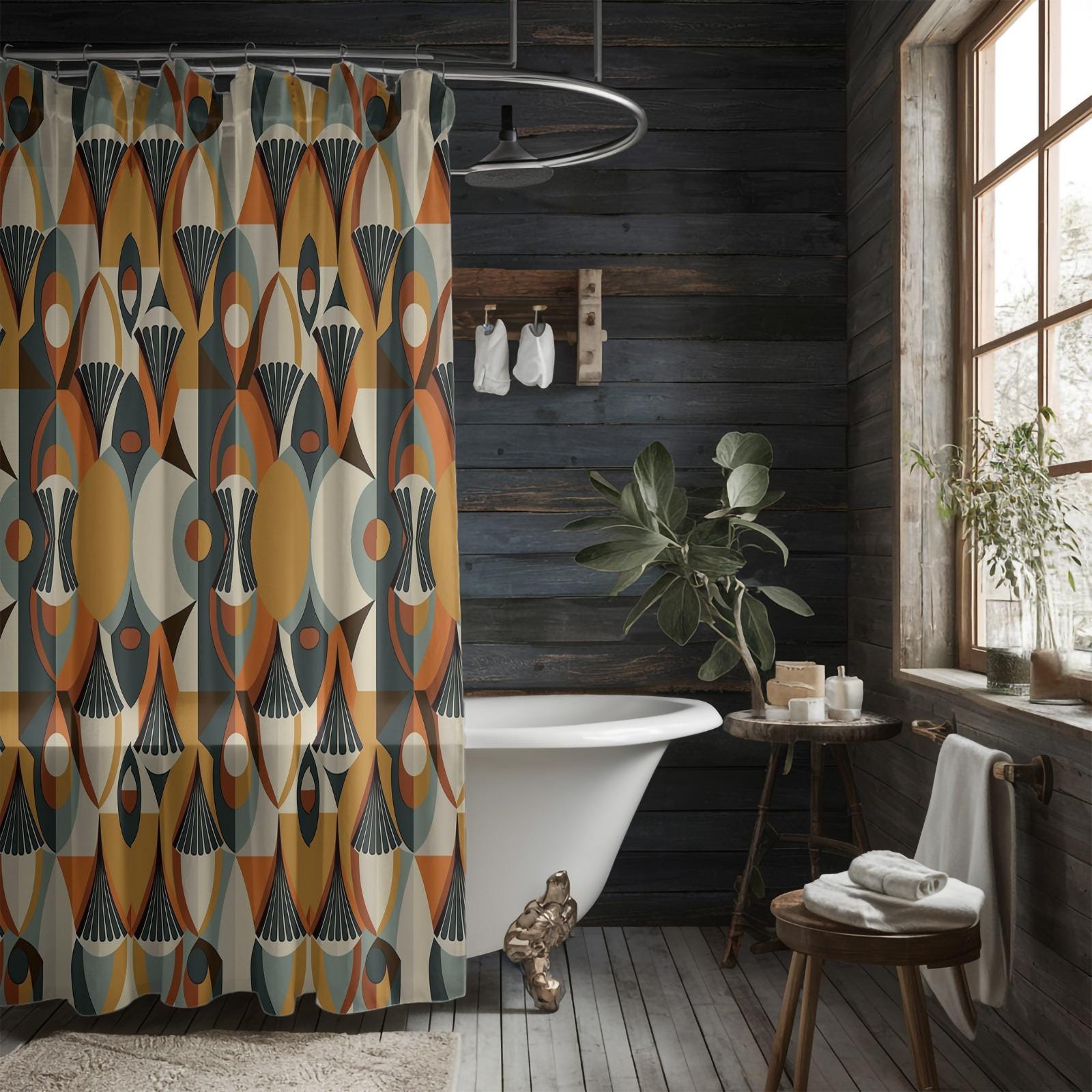 Mid Century Modern Shower Curtains, 70s Printed Shower Curtain, 80s Bath Waterproof Drapes, Retro Bathroom Shower Curtains