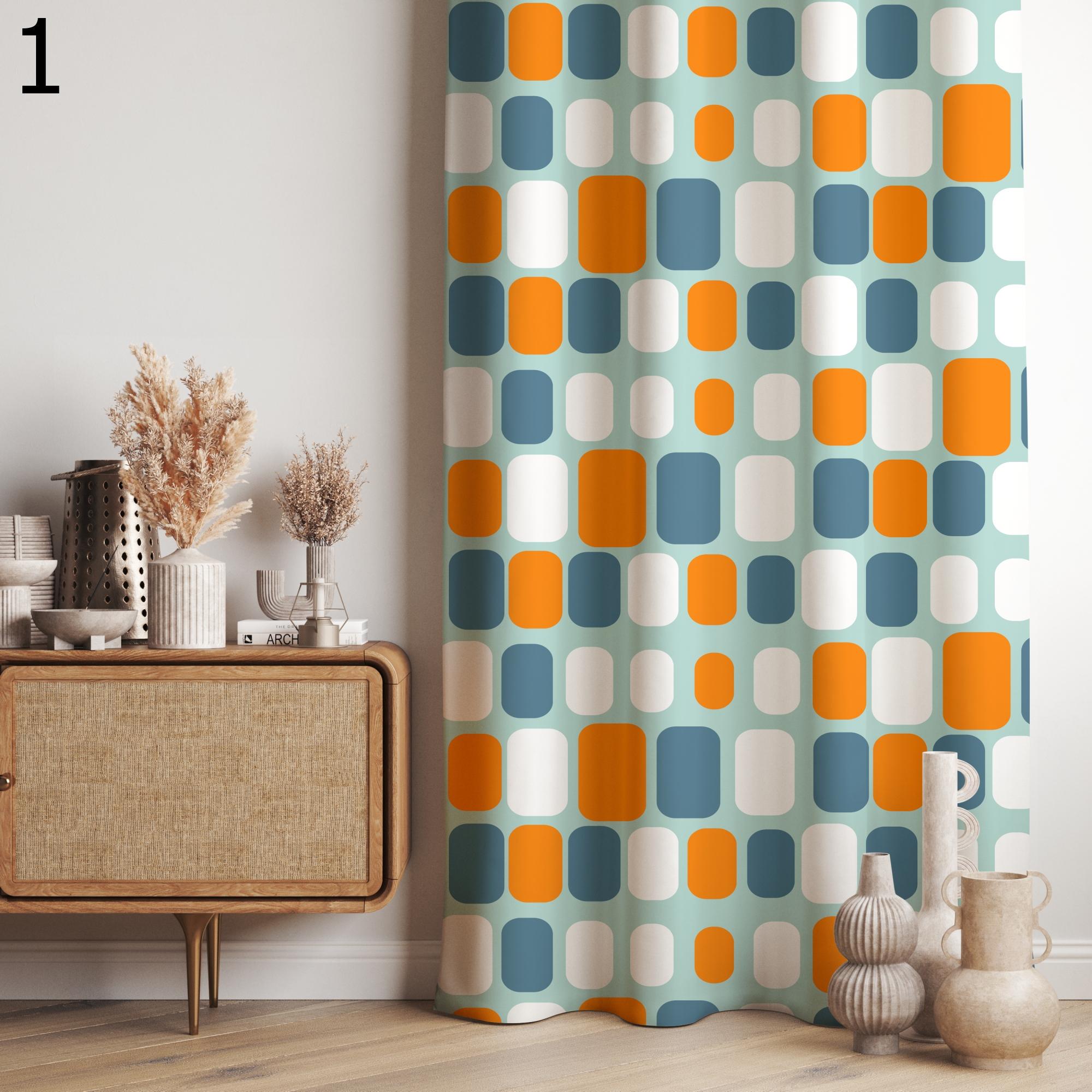 Retro Geometric Curtains, Mid Century Modern Drapes, Colorful Window Panels, Vintage Style Curtain,
