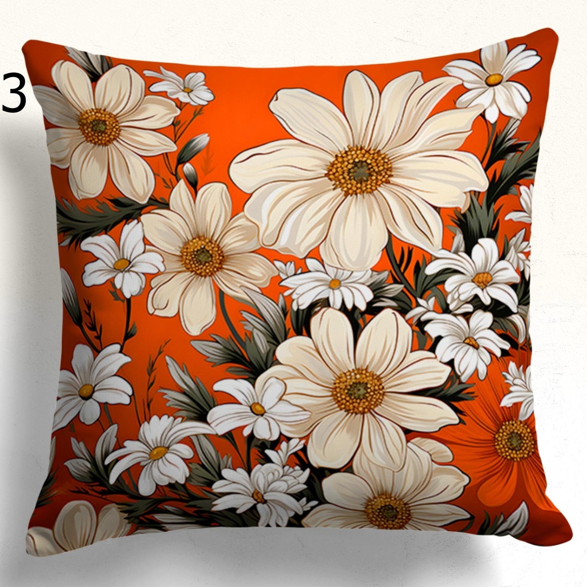 Orange and White Floral Pillow Cases, Daisy Flowers Pillow Covers, Vibrant Daisy Cushion Covers, Daisy Bunch Pillow Cover