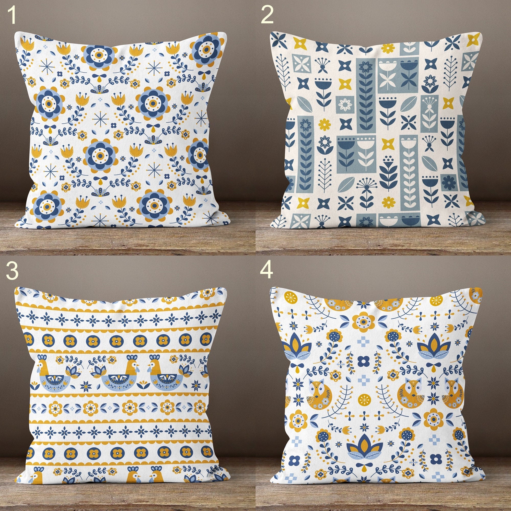 Scandinavian Pillow Cover, Blue And Yellow Scandi Cushion Cover, Minimalist Nordic Throw Pillow Cover, Swedish Folk Art Colorful Pillowcase