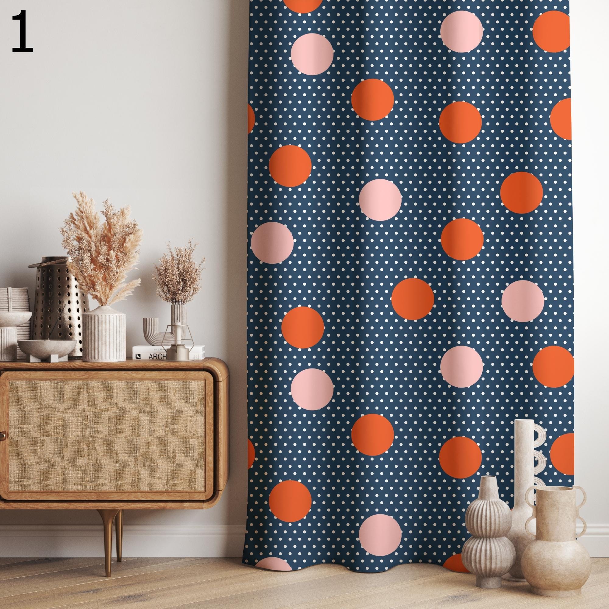 Retro Polka Dot Window Curtains, Mid Century Curtain Panels, Retro Window Drapes, MCM Polka Dot Curtains, 70s Retro Living Room Curtains