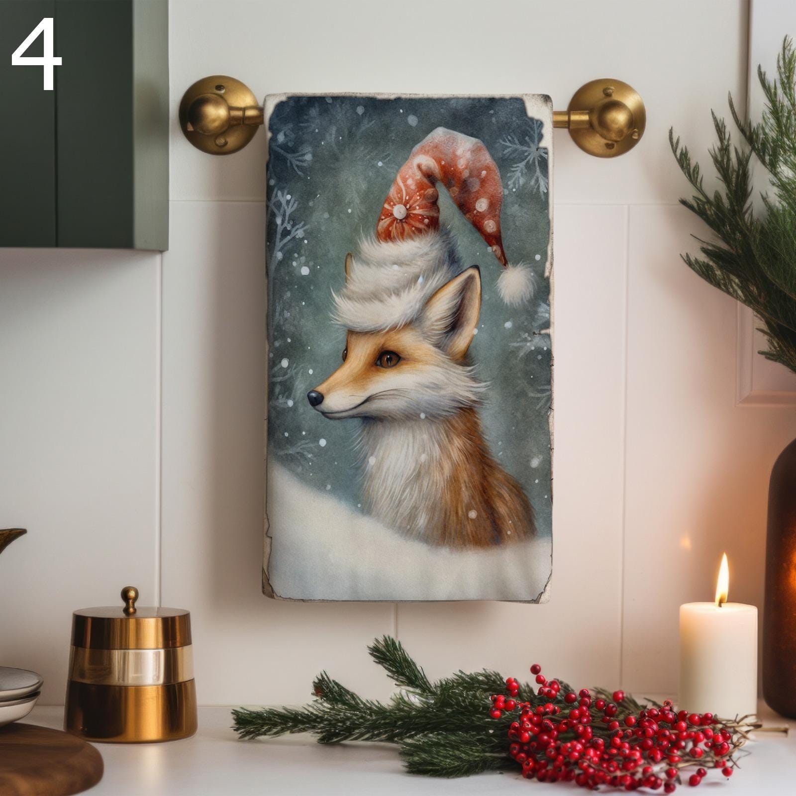 Christmas Fox Tea Towel, Xmas Dog Tea Towels, Cute Fox Dish Towels, Christmas Dog Dish Towel, Xmas Animals Tea Towel, Winter Animals Towels
