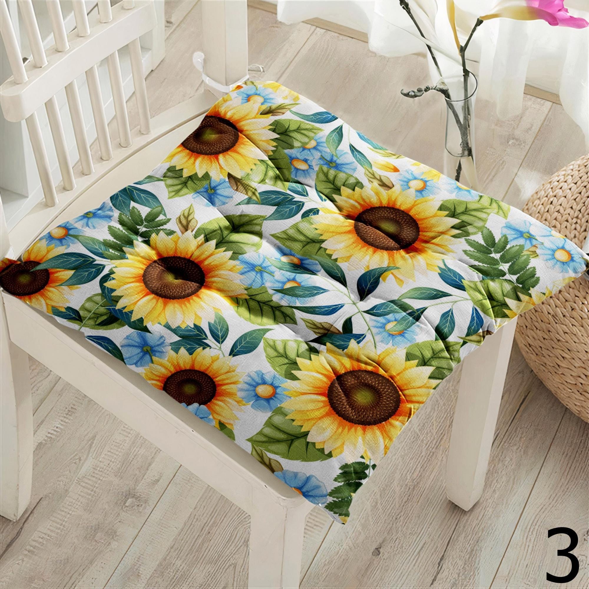 Sunflower Seat Pads, Floral Chair Cushions, Country Style Kitchen Chair Pillow, Rustic Flower Chair Pads, Indoor Outdoor Sunflower Cushions