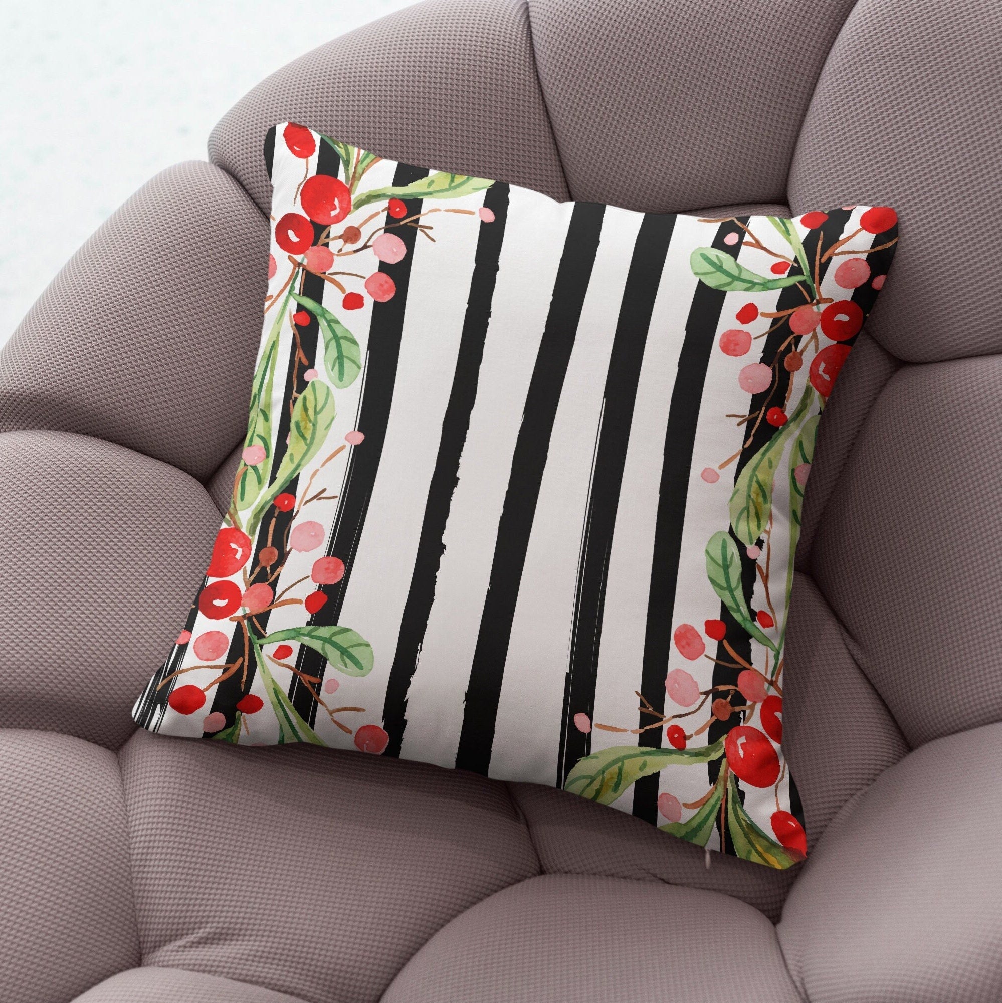 Christmas Berry Pillow Covers, Christmas Berry Flowers Cushion Cover, Modern Xmas Floral Pillow Cover, Holly Berry Pillow Cover