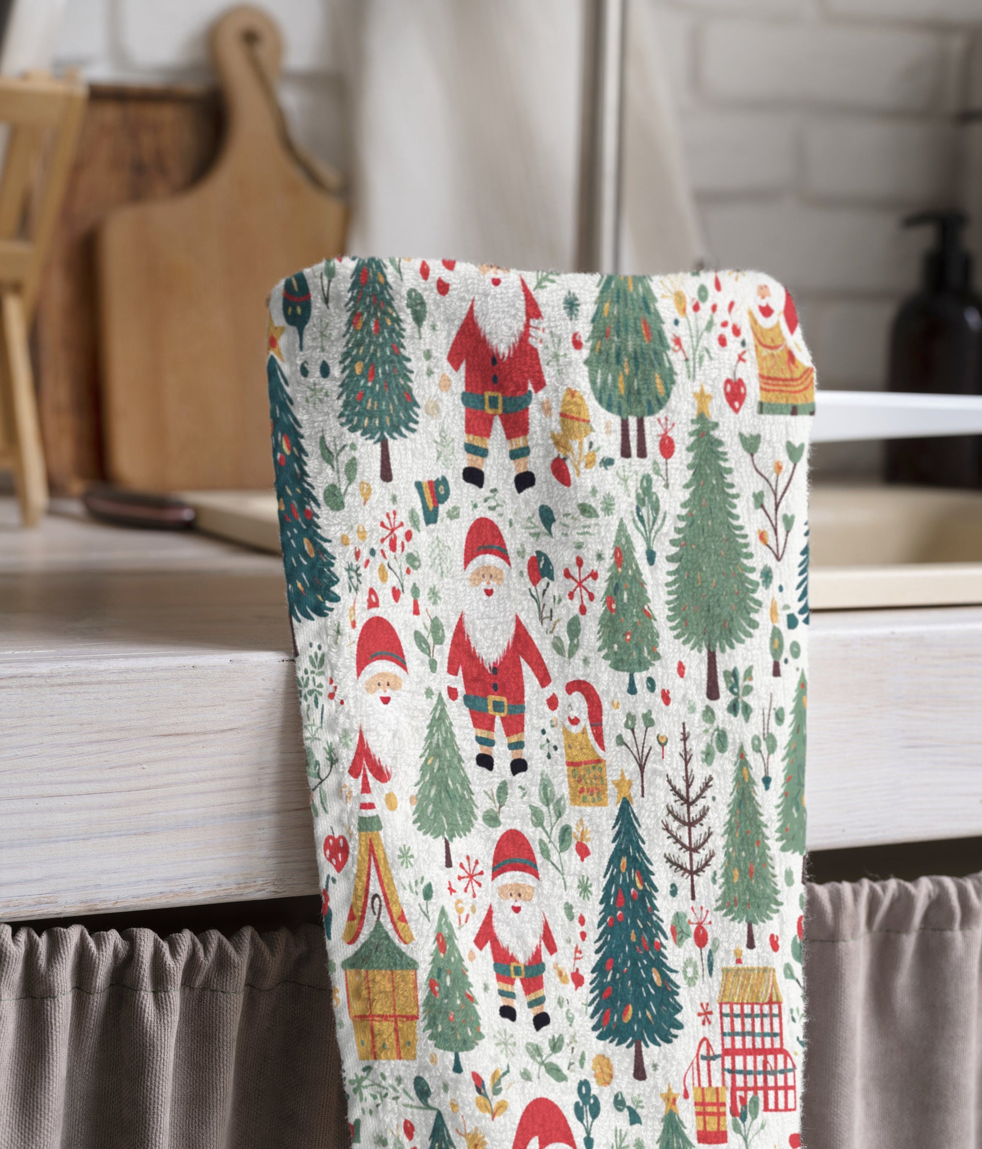 Christmas Tea Towels, Xmas Dish Towel, Christmas Santa Claus Tea Towel, Holly Pine Trees Hand Towel, Christmas Kitchen Towel