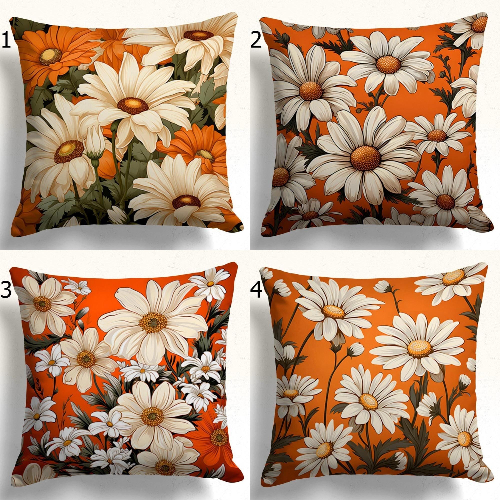 Orange and White Floral Pillow Cases, Daisy Flowers Pillow Covers, Vibrant Daisy Cushion Covers, Daisy Bunch Pillow Cover