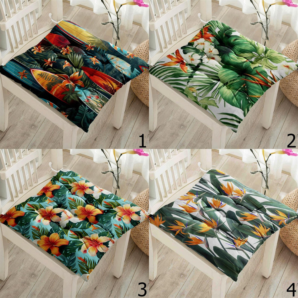 Tropical Floral Chair Cushions, Hawaiian Leaf Seat Pad Covers, Exotic Summer Patio Pillows, Botanical Island Decor Chair Pads
