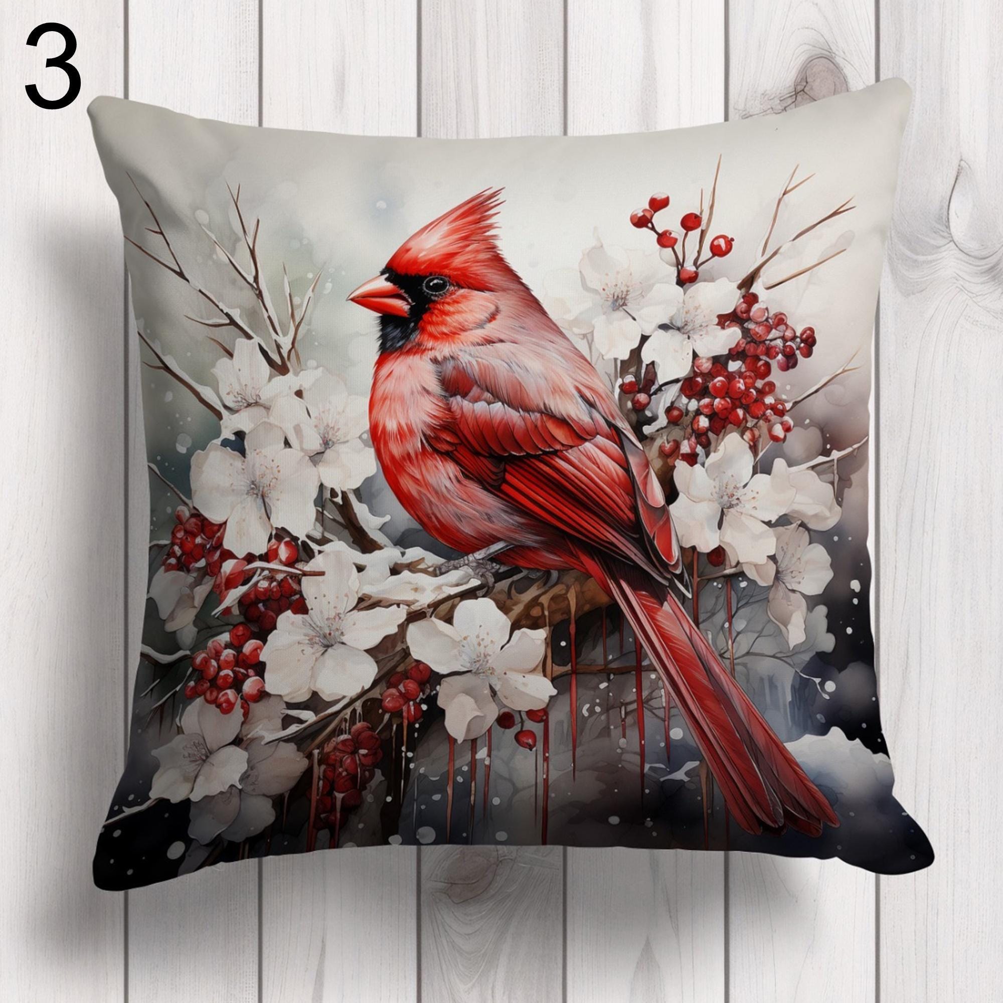 Christmas Birds Pillowcase, Winter Birds Cushion Cover, Winter Decor Cushions, Christmas Birds Pillow Covers, Christmas Flowers Pillowcase