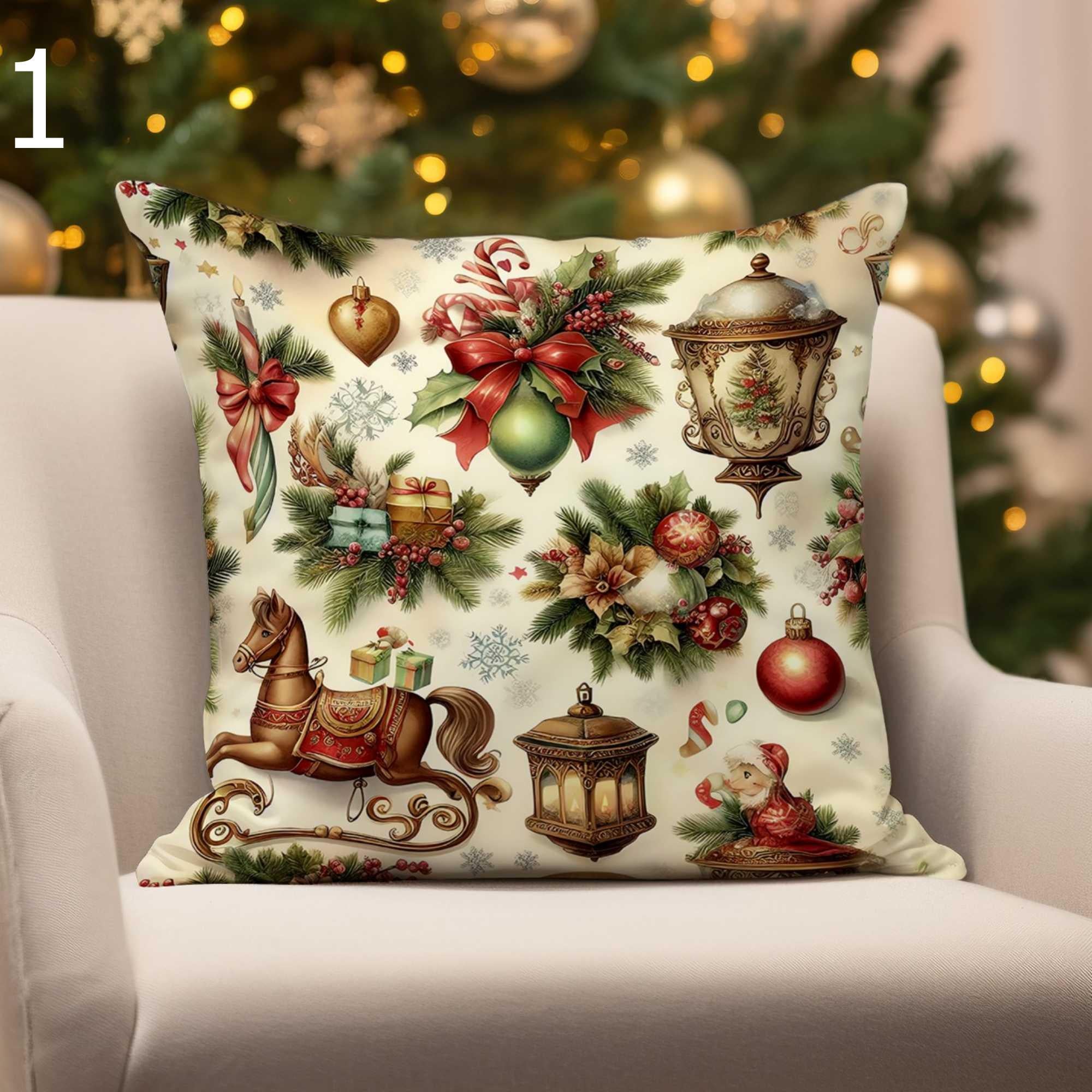 Christmas Deer and Santa Claus Decor Cushion Cover, Christmas Candy Stick Pillowcase,  Xmas Ornaments Cushion Cover, Xmas Throw Pillow Cover