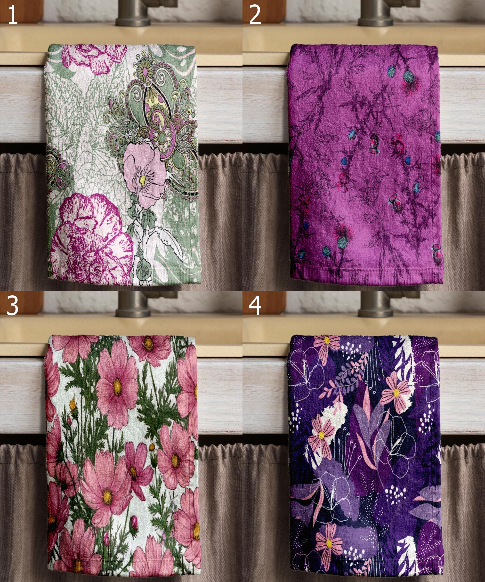 Floral Kitchen Towels, Botanical Dish Towel, Vintage Floral Style Tea Towels, Pink & Purple Flower Hand Towels