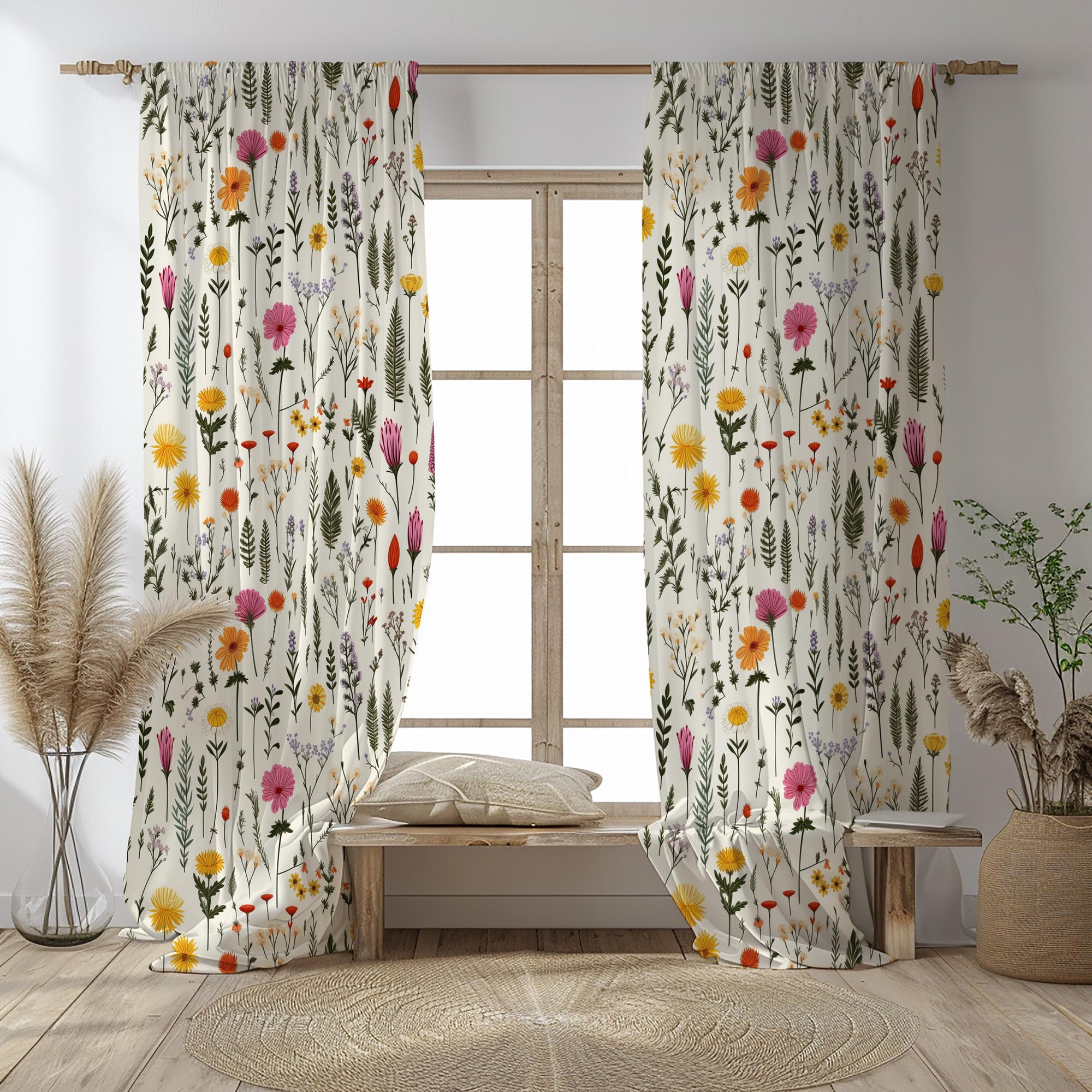 Wildflowers Curtains, Modern Vintage Floral Curtains, Farmhouse Floral Print Drapes, Wildfloral Window Curtains, Floral Home Decor Curtains