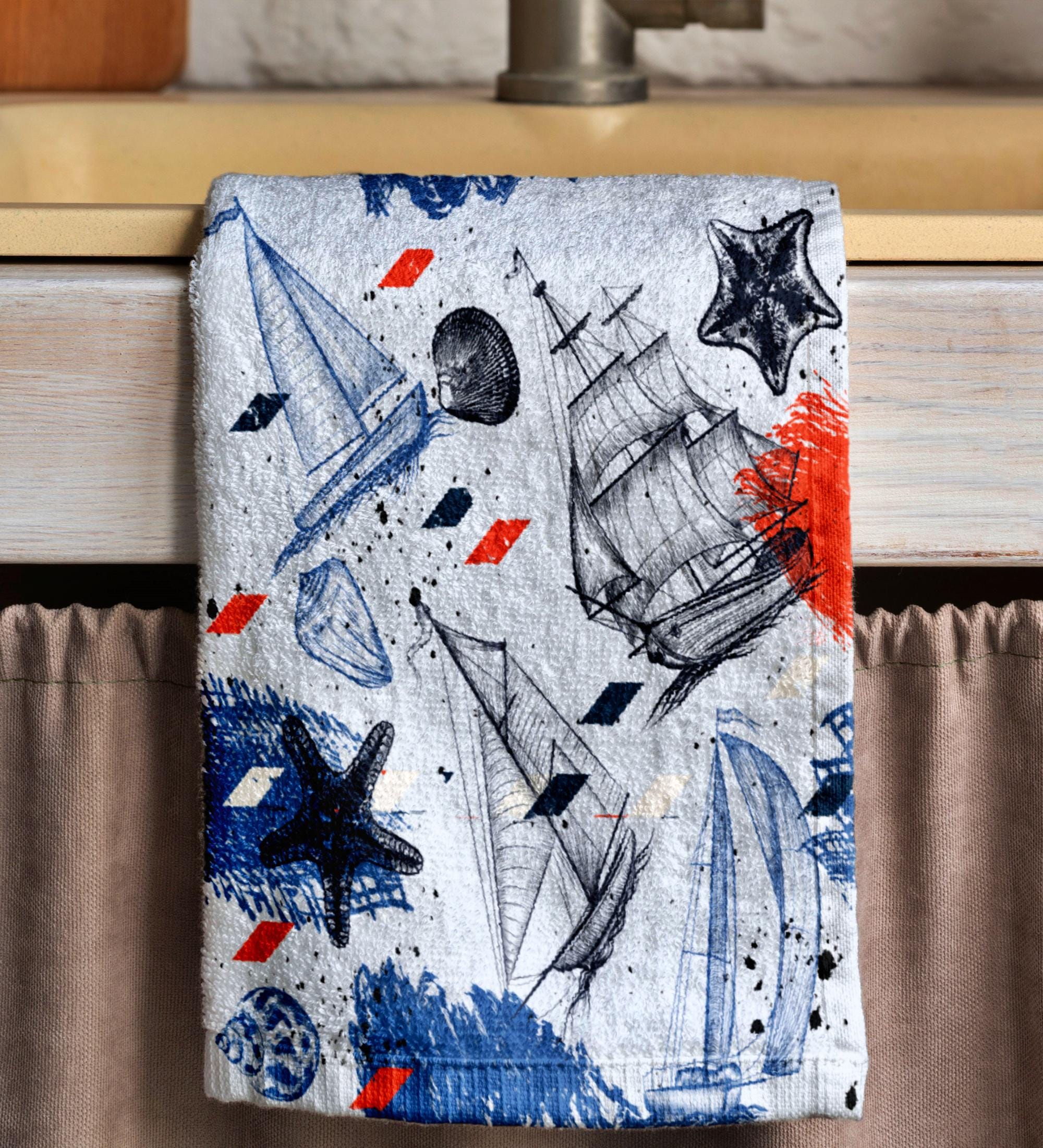 Vintage Sailboat Tea Towels, Nautical Tea Towels, Sailor Dish Towel, Maritime Print Hand Towels, Coastal Fingertip Towels, Ocean Hand Towels