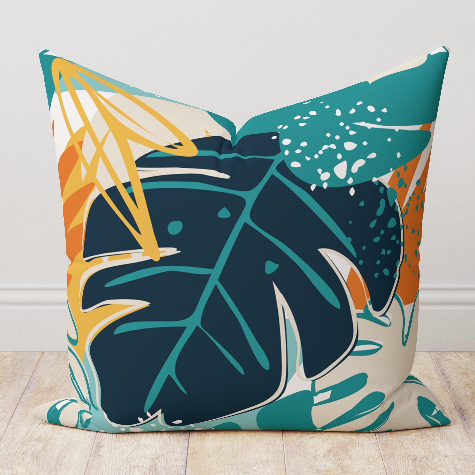 Botanical Leaf Pillow Cover, Modern Vintage Tropical Pillowcase, Colorful Tropical Leaf Cushion Cover, Exotic Leaves Pillow Cover