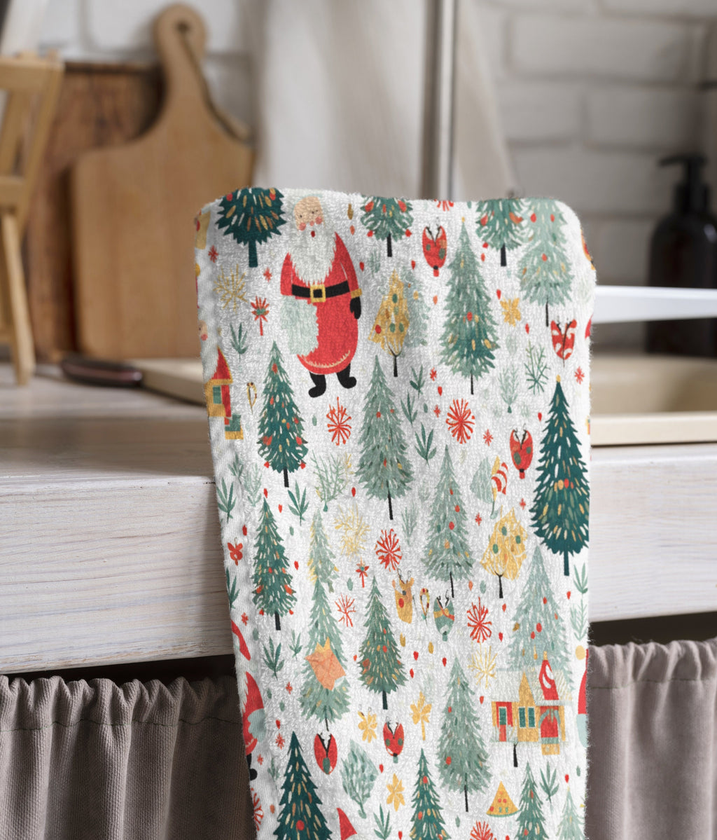 Christmas Tea Towels, Xmas Dish Towel, Christmas Santa Claus Tea Towel, Holly Pine Trees Hand Towel, Christmas Kitchen Towel