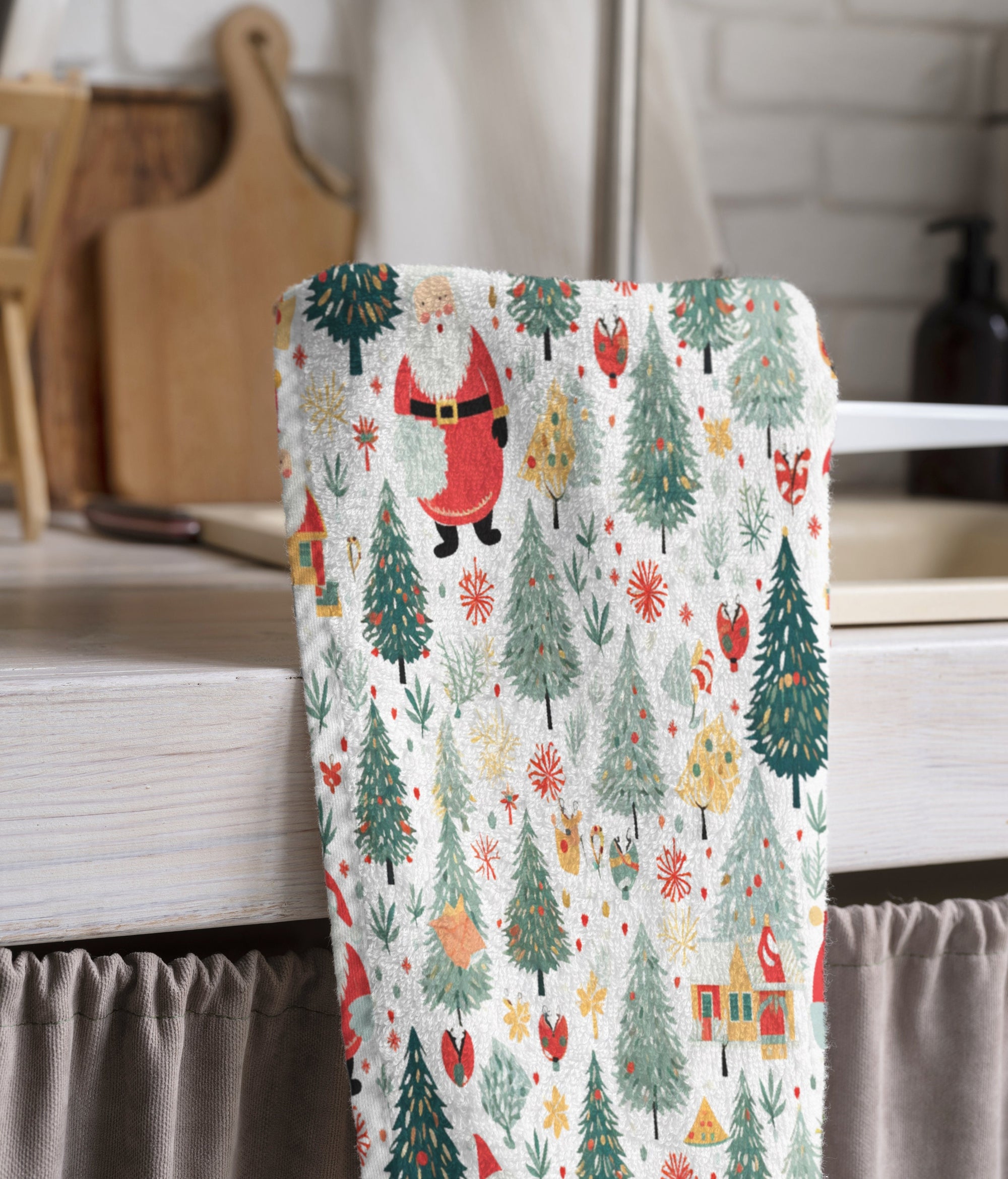 Christmas Tea Towels, Xmas Dish Towel, Christmas Santa Claus Tea Towel, Holly Pine Trees Hand Towel, Christmas Kitchen Towel