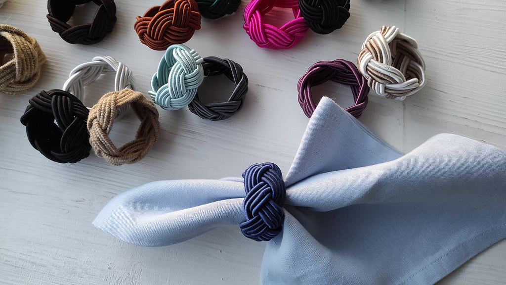 Colorful Rayon Knot Napkin Ring, Rustic Handmade Napkin Holder, Wedding Napkin Rings, Turks Head Style Rustic Napkin Holders