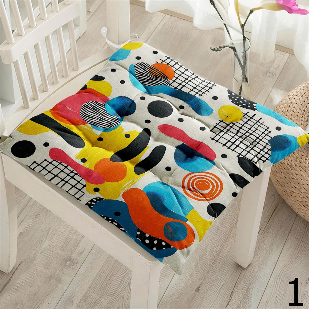 Retro Square Chair Pad, Mid Century Modern Chair Cushion with Ties, 70s Style Patio Chair Cushions, Colorful Retro Abstract Chair Pads