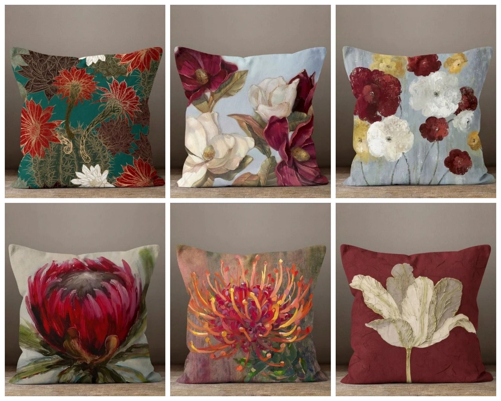 Colorful Succulent Flower Pillow Cover, Burgundy Floral Pillow, Succulent Cushion, Decorative Throw Pillowcase, Red Succulent Throw Pillow