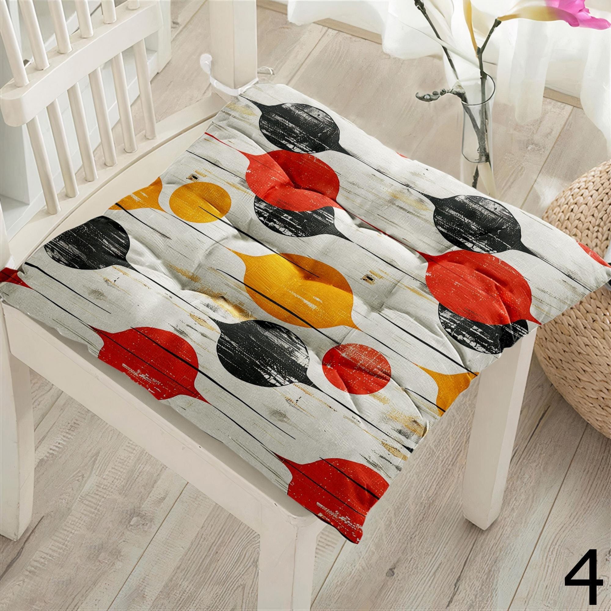 Retro Square Chair Pad, Mid Century Modern Chair Cushion with Ties, 70s Style Patio Chair Cushions, Colorful Retro Abstract Chair Pads