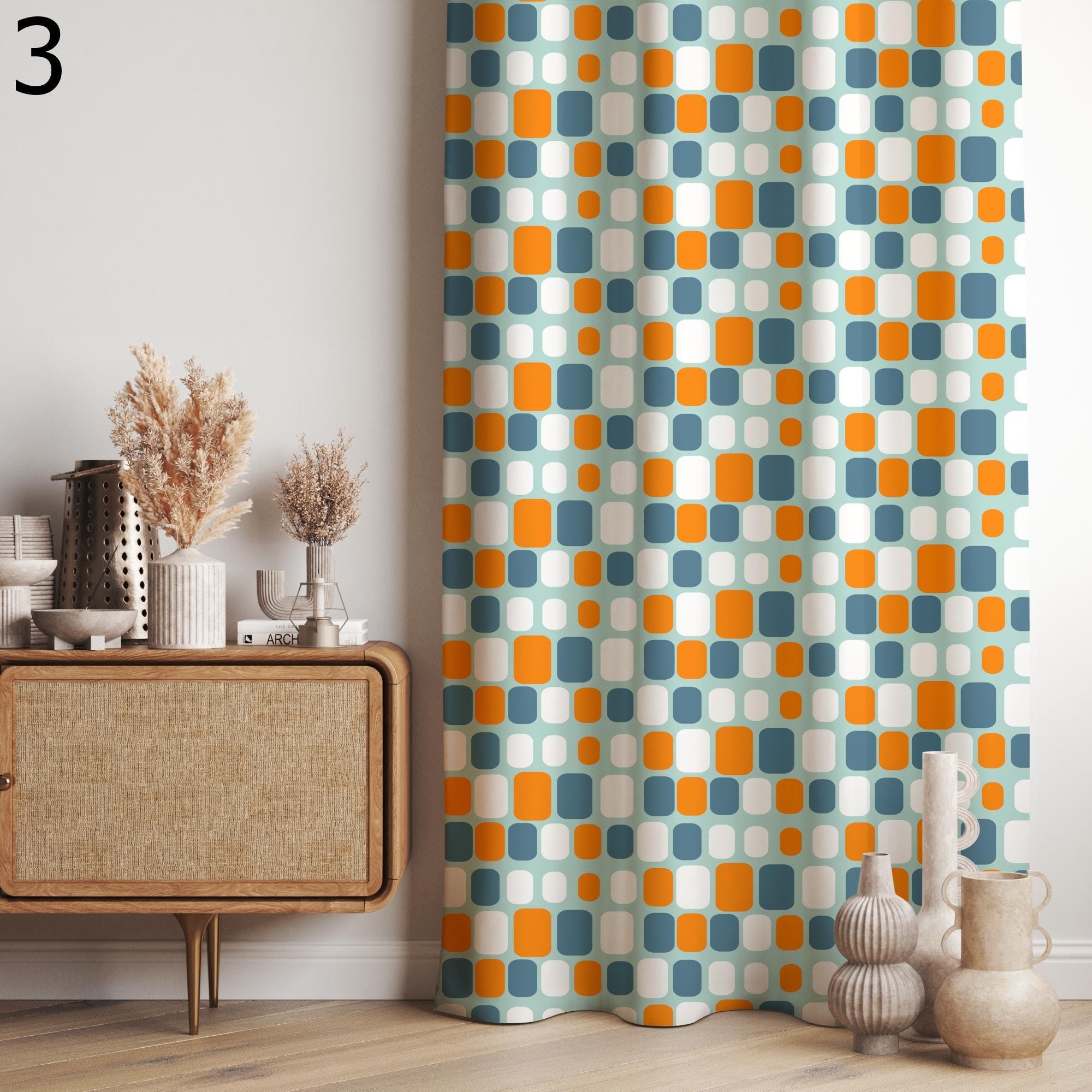 Retro Geometric Curtains, Mid Century Modern Drapes, Colorful Window Panels, Vintage Style Curtain,