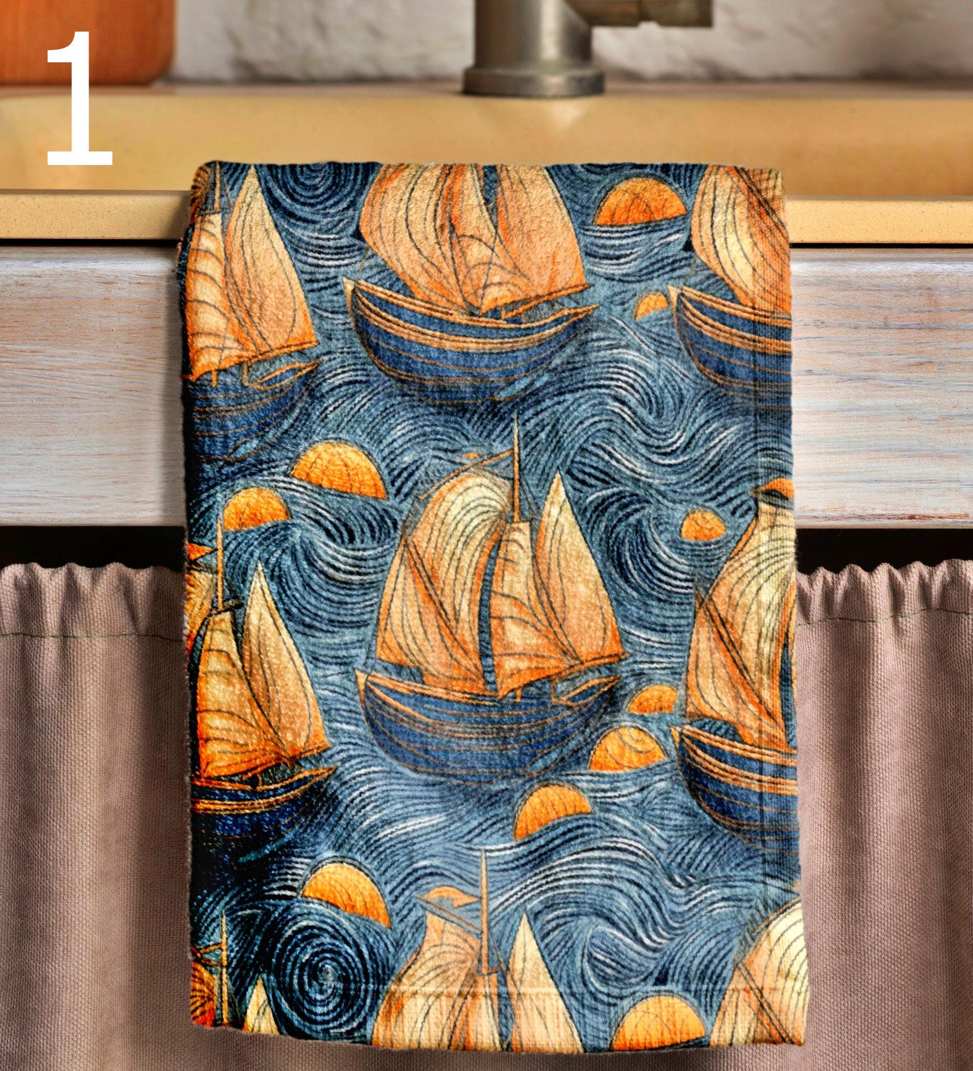 Sailor Tea Towels, Vintage Sailing Ship Dish Towel, Nautical Kitchen Towels, Nautical Hand Towels, Old Sailboat Kitchen Fingertip Towels
