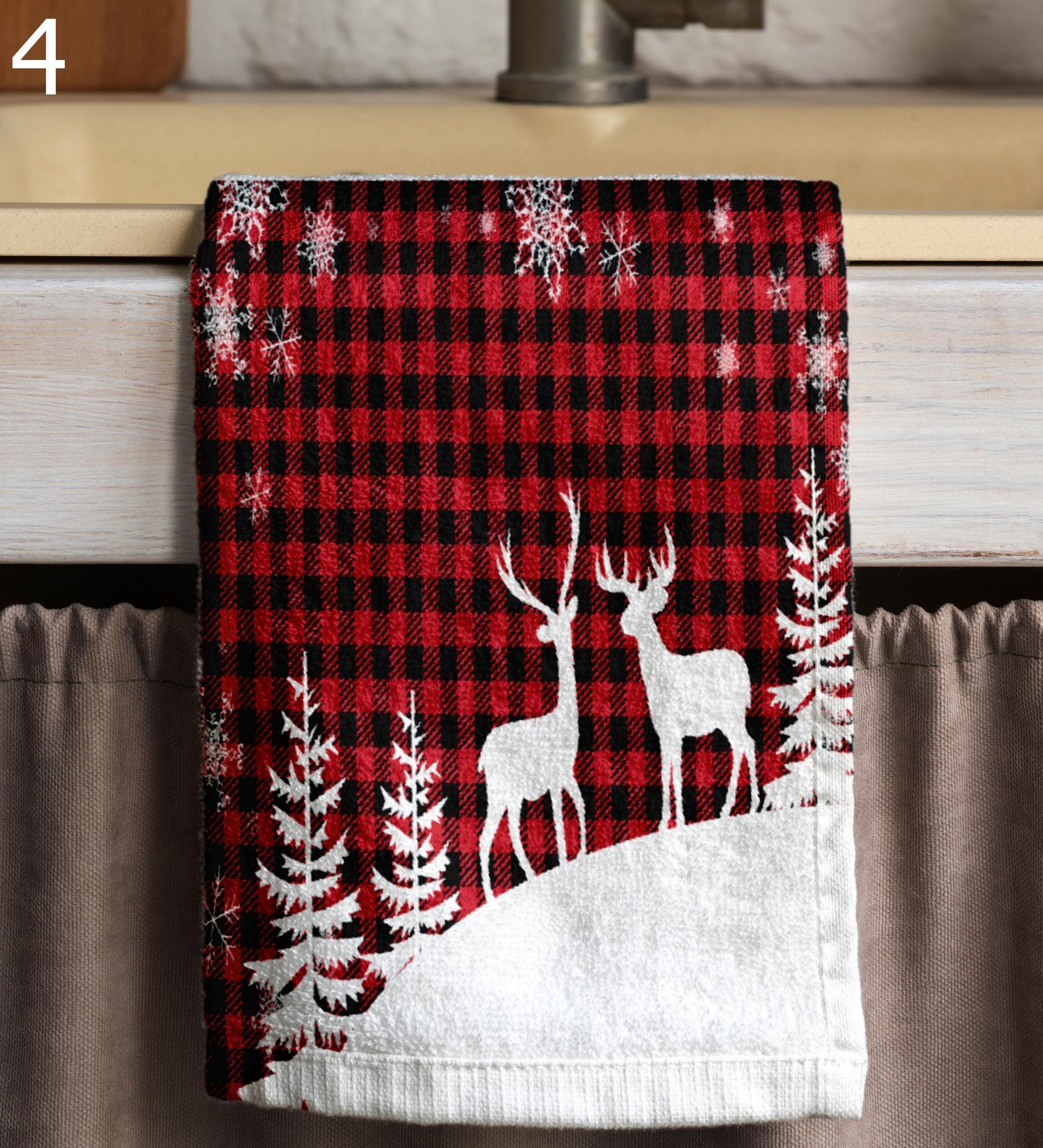 Christmas Plaid Towels, Xmas Winter Tea Towel, Buffalo Plaid Print Hand Towels, Christmas Tree Tea Towels, Red Xmas Plaid Kitchen Towels
