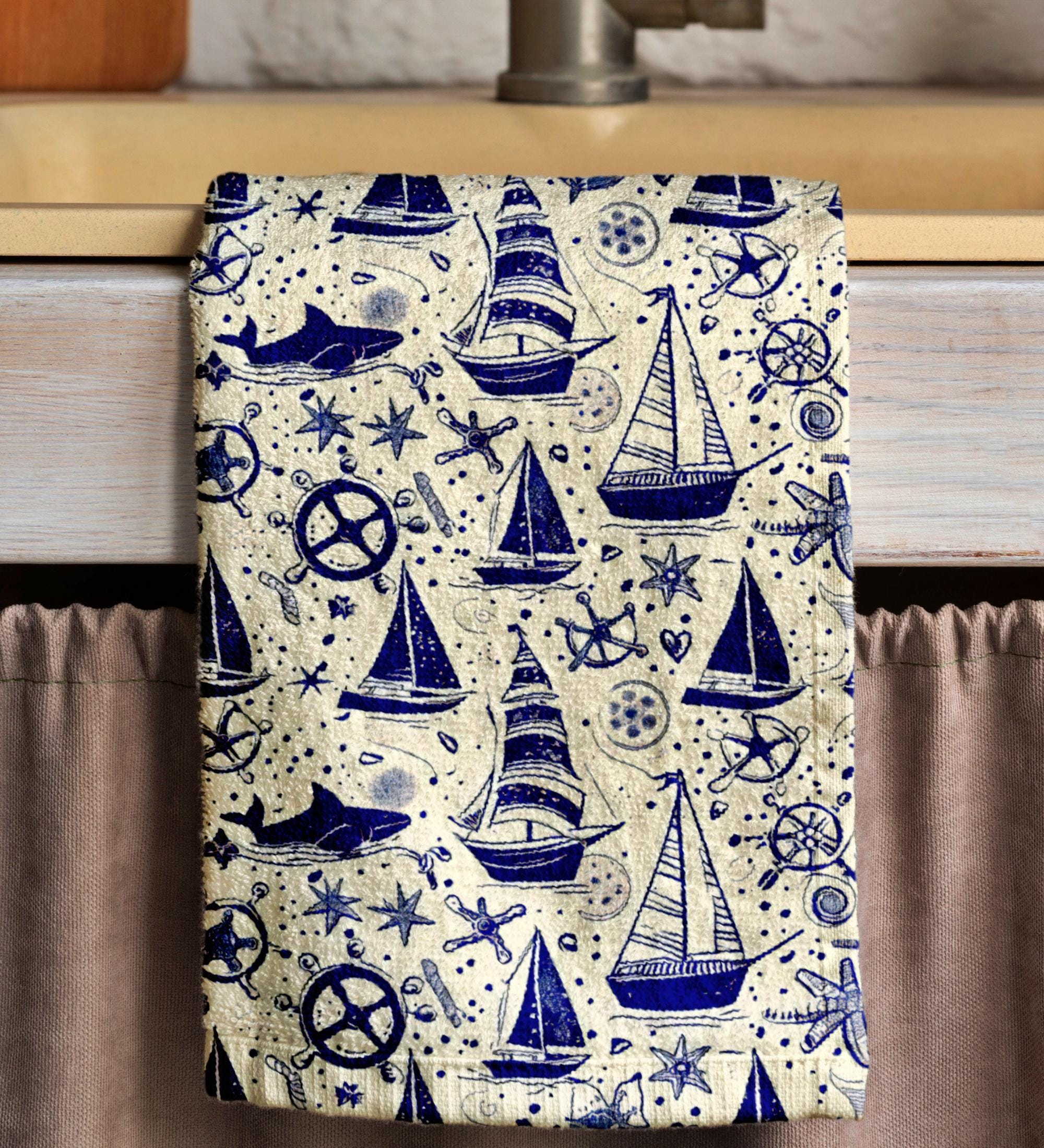 Vintage Sailboat Tea Towels, Nautical Tea Towels, Sailor Dish Towel, Maritime Print Hand Towels, Coastal Fingertip Towels, Ocean Hand Towels
