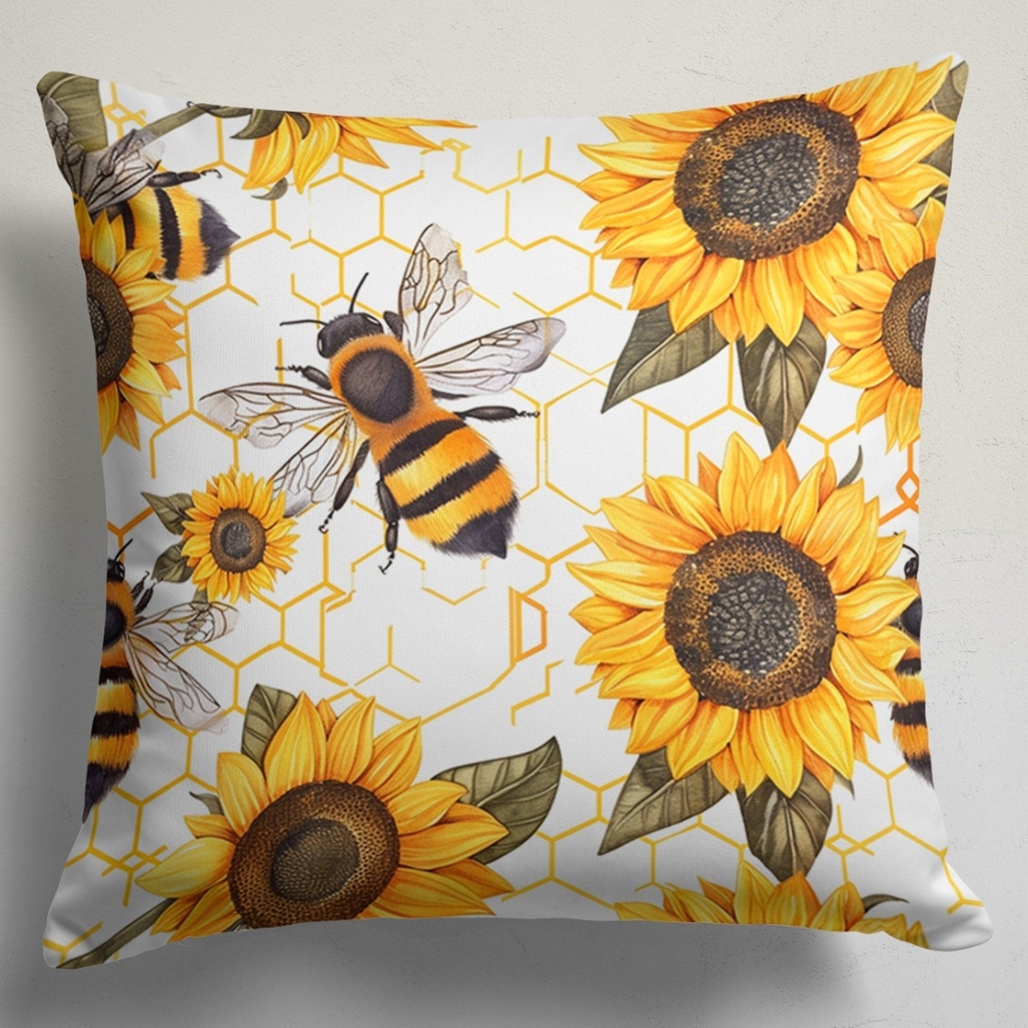 Sunflowers and Bee Pillow Cover, Bee Throw Pillow Cover, Summer Decor Pillow Cover, Sunflower Pillow Case, Sunflower Accent Cushion Cover