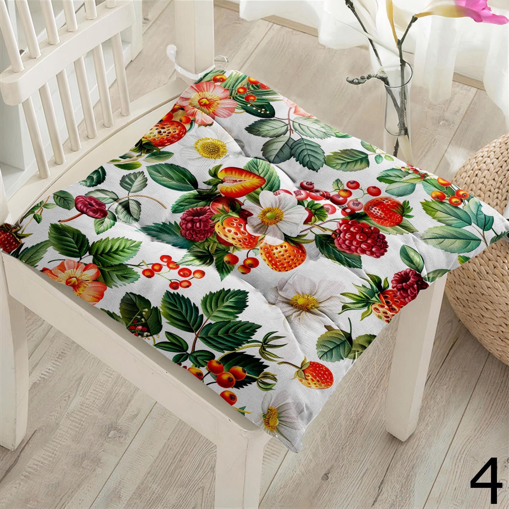 Fruit Print Chair Pads, Berry Pattern Seat Cushions, Summer Farmhouse Chair Pillow Covers, Cherry & Strawberry Fresh Chair Cushions